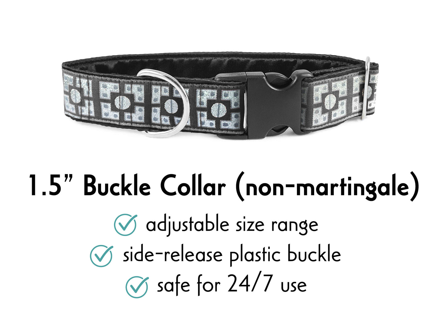 1.5 Inch Wide Black, Silver Riveted Buckle Dog Collar by The Hound Haberdashery