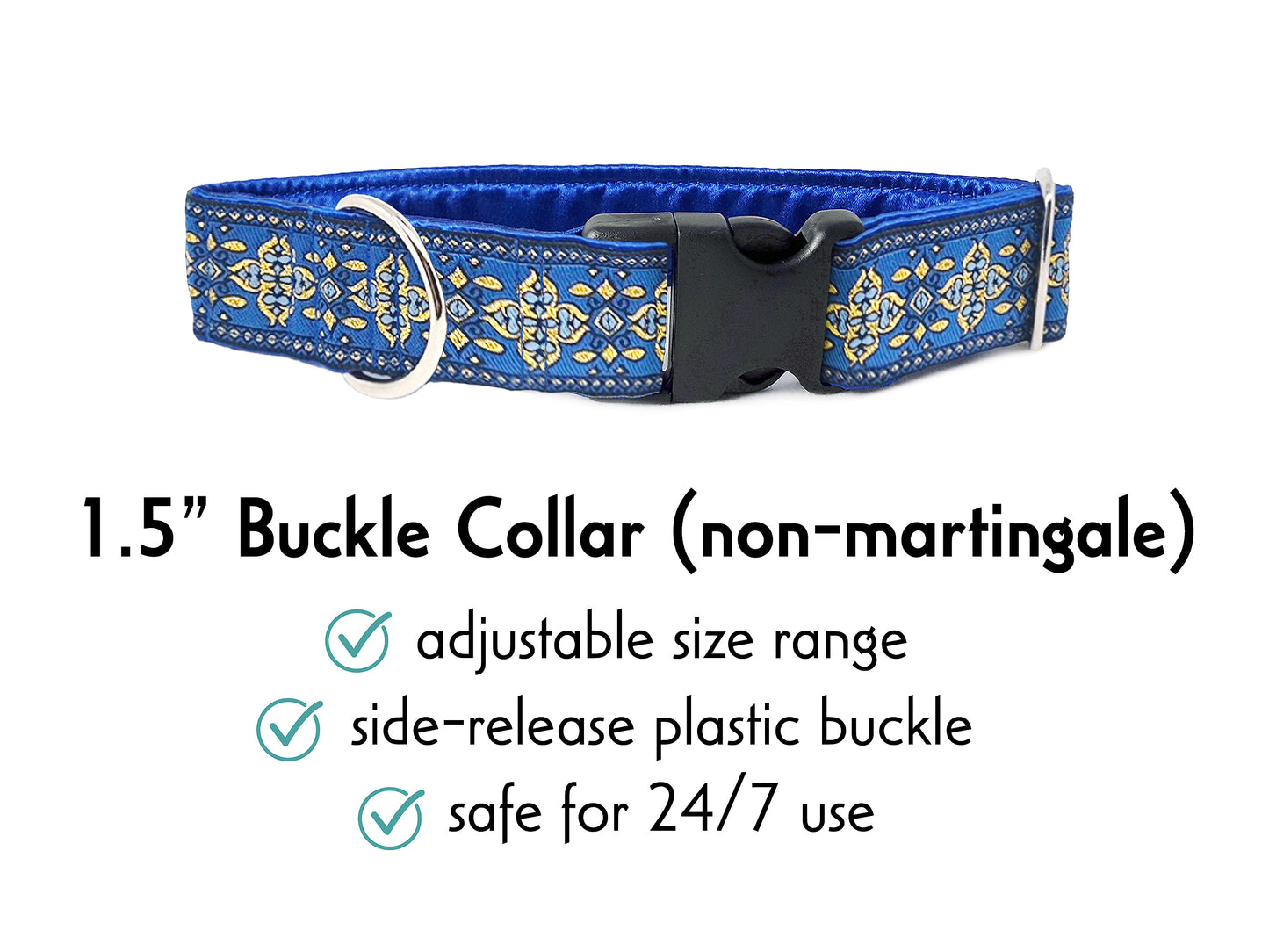 1.5 Inch Wide Blue, Gold Cashel Buckle Dog Collar by The Hound Haberdashery