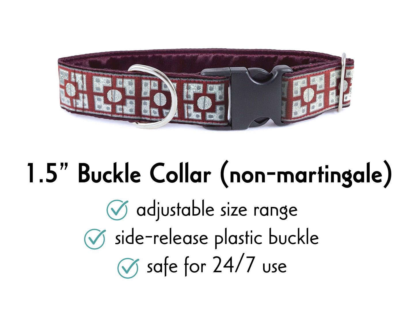 1.5 Inch Wide Burgundy, Silver Riveted 
Buckle Dog Collar by The Hound Haberdashery