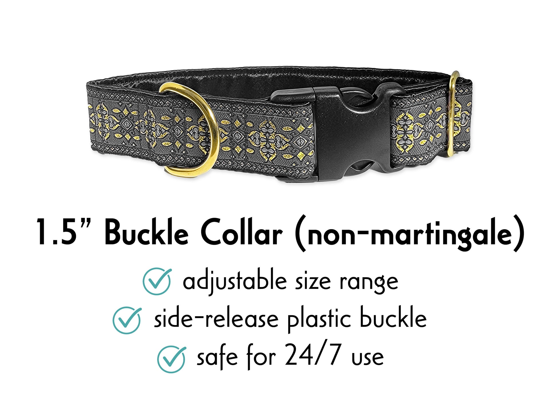 1.5 Inch Wide Gray, Gold Cashel Buckle Dog Collar by The Hound Haberdashery