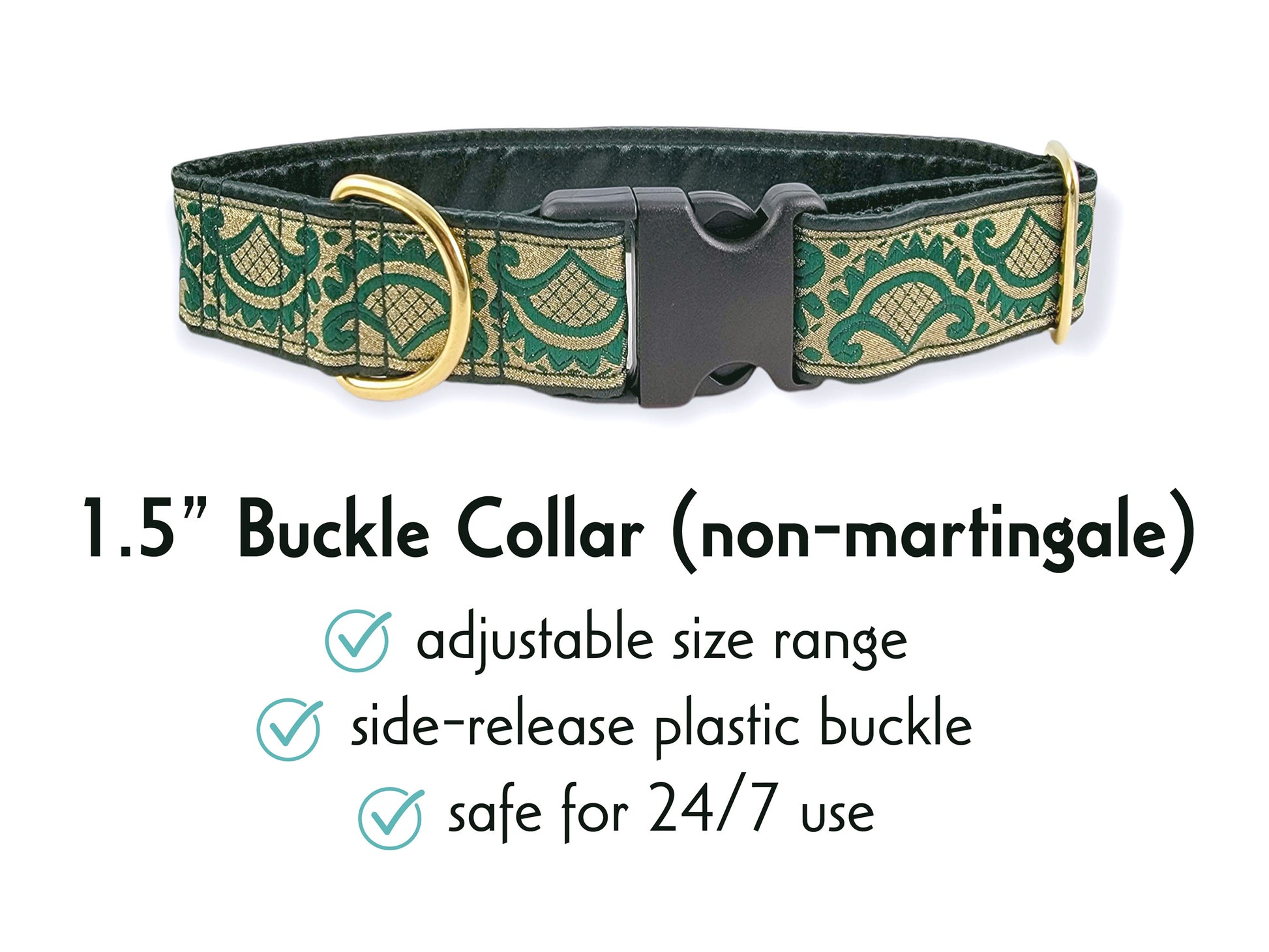 1.5 Inch Wide Green, Gold Tivoli Buckle Dog Collar by The Hound Haberdashery