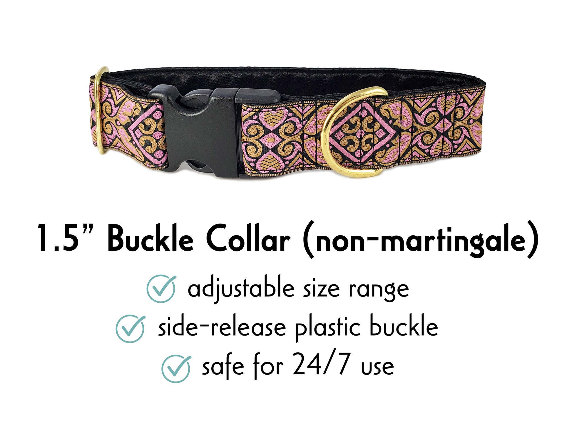 1.5 Inch Wide Pink & Old Gold Cologne Buckle Dog Collar by The Hound Haberdashery