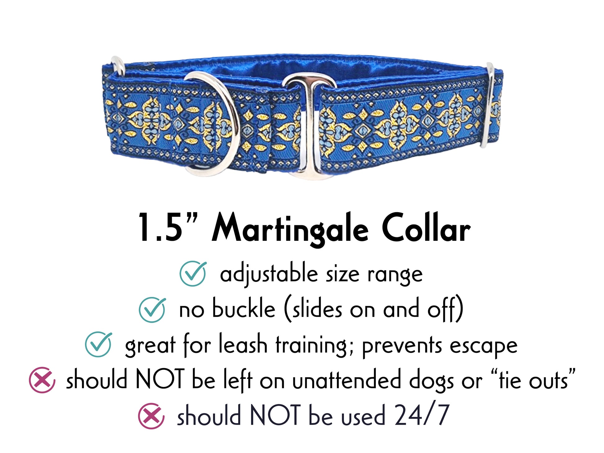 1.5 Inch Wide Blue, Gold Cashel Martingale Dog Collar by The Hound Haberdashery