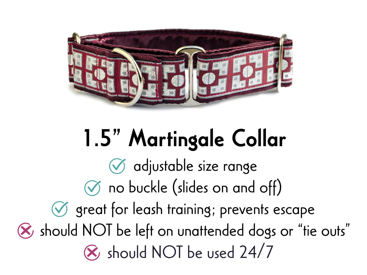 1.5 Inch Wide Burgundy, Silver Riveted Martingale Dog Collar by The Hound Haberdashery