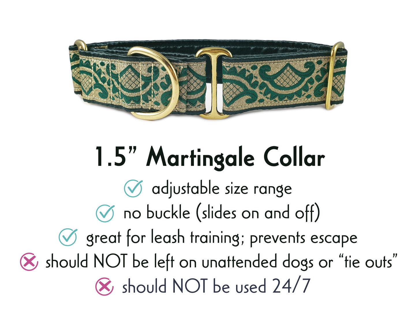1.5 Inch Wide Green, Gold Tivoli Martingale Dog Collar by The Hound Haberdashery