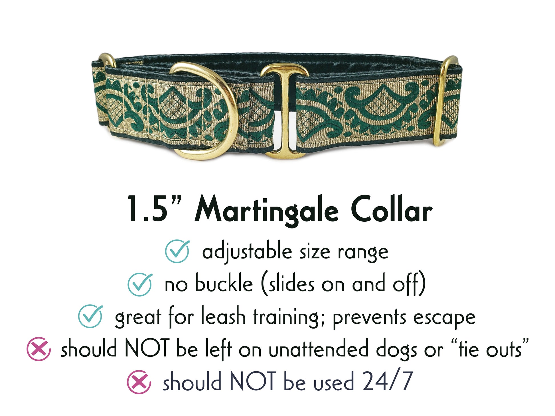 1.5 Inch Wide Green, Gold Tivoli Martingale Dog Collar by The Hound Haberdashery