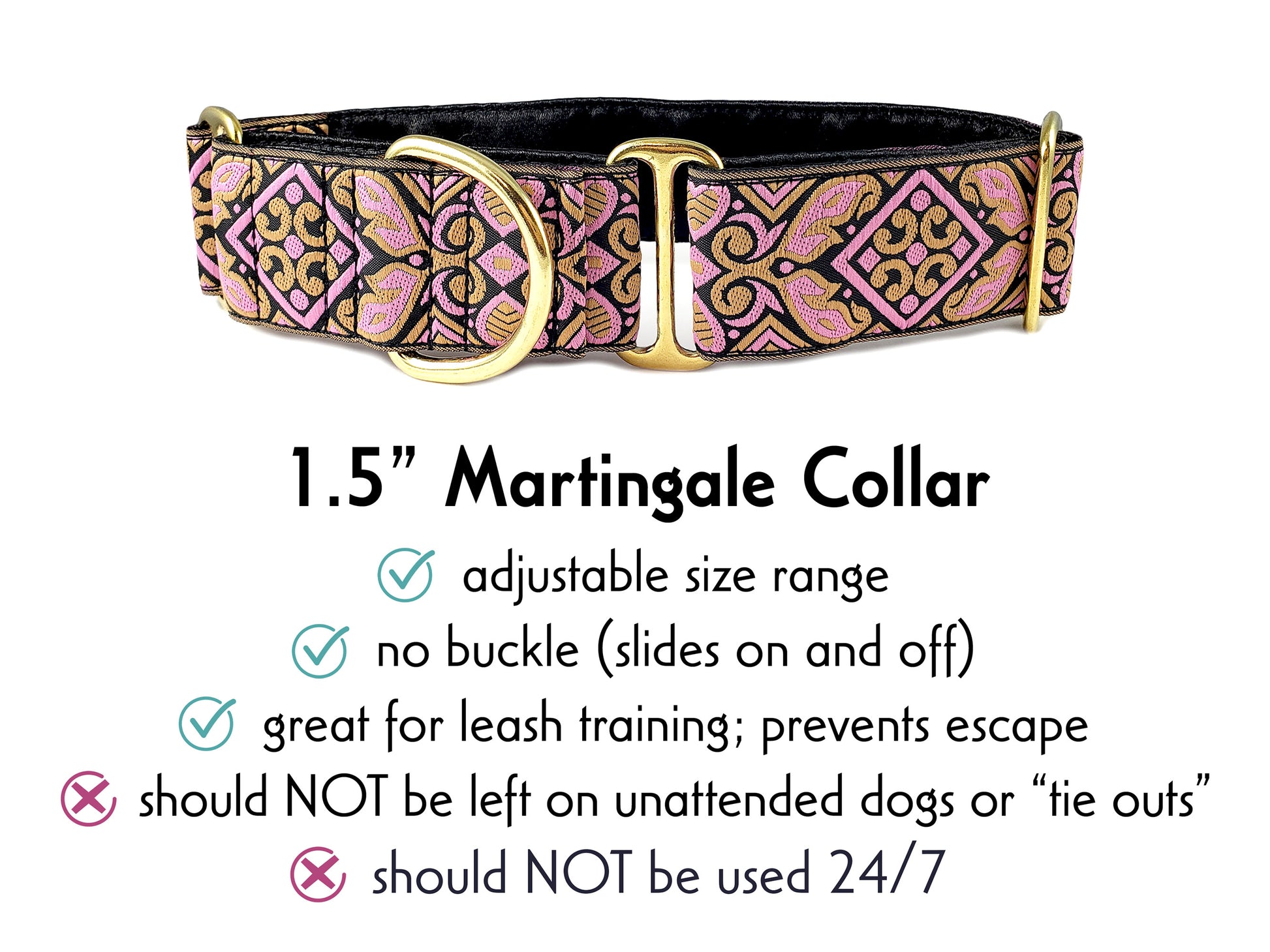 1.5 Inch Wide Pink & Old Gold Cologne Martingale Dog Collar by The Hound Haberdashery