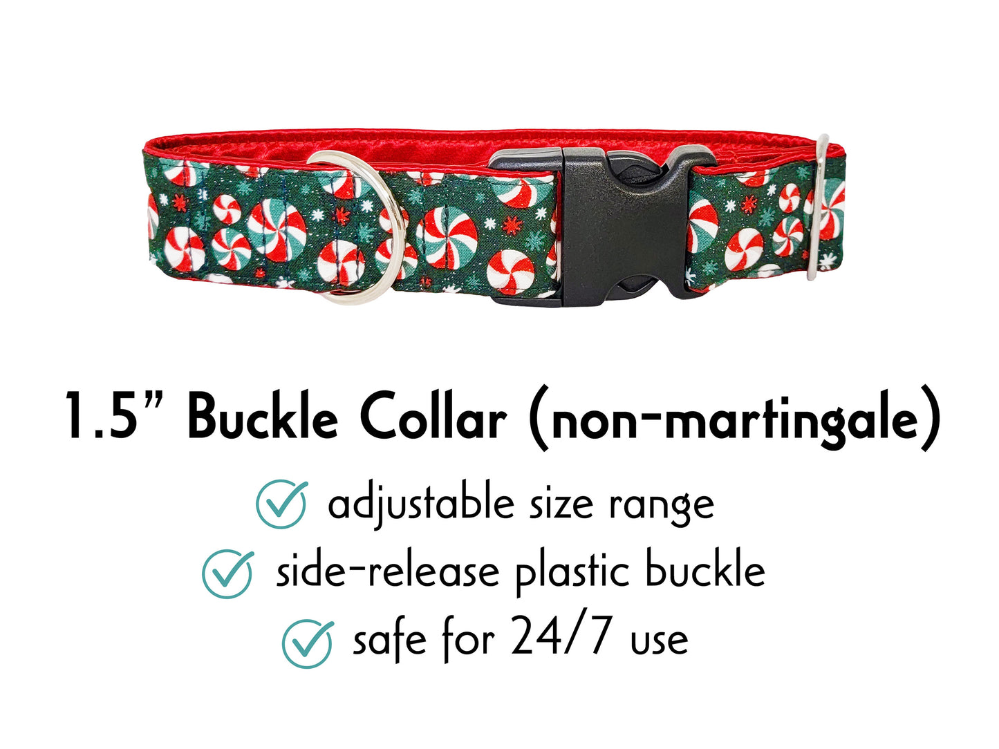 1.5 Inch Wide Christmas Peppermints Buckle Dog Collar by The Hound Haberdashery
