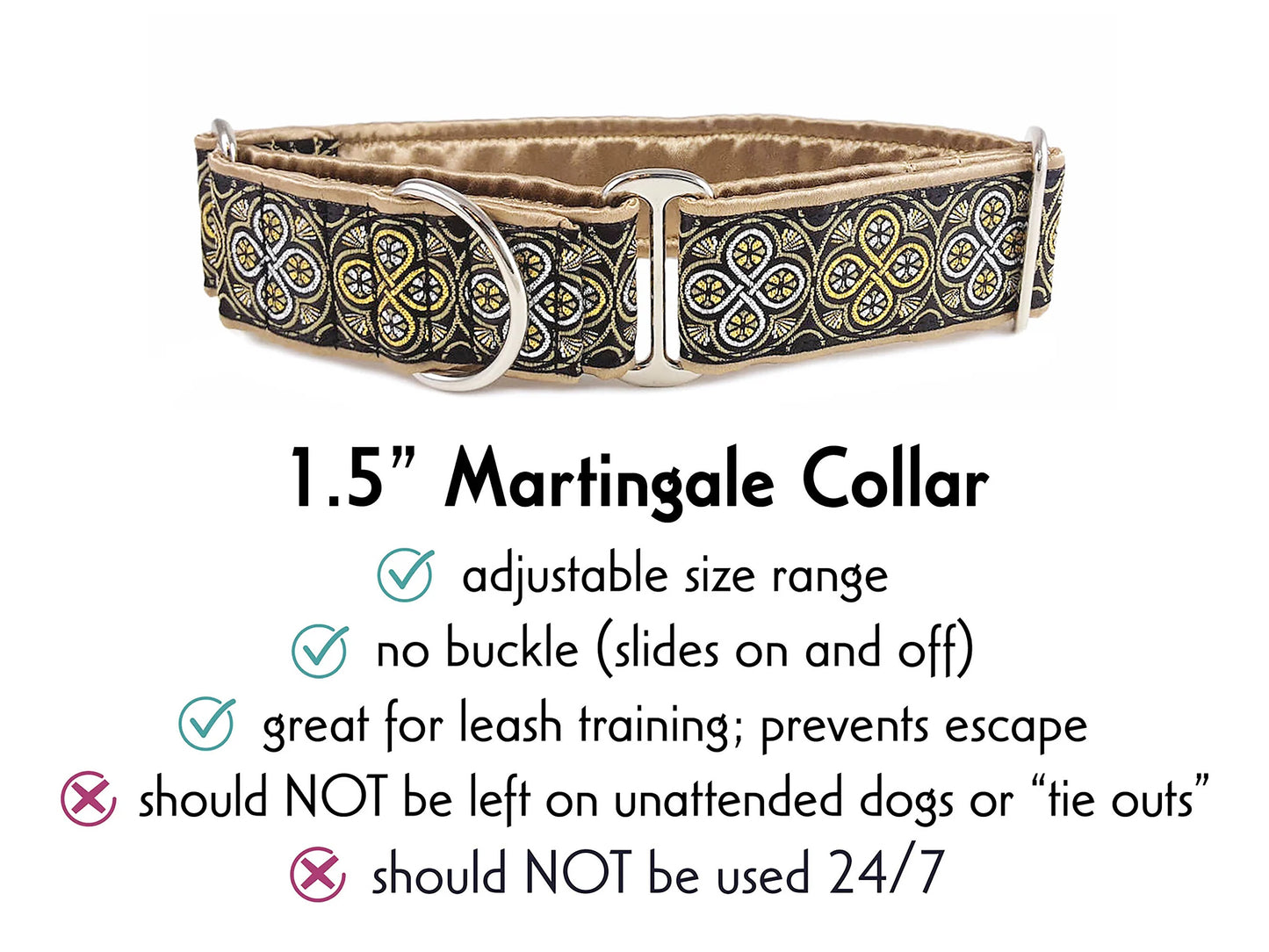 1.5 Inch Wide Gold, Silver Blarney Martingale Dog Collar by The Hound Haberdashery