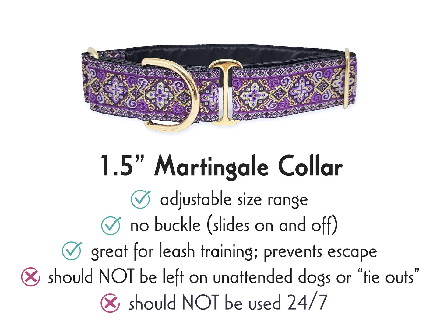 1.5 Inch Wide Purple, Gold Nobility Martingale Dog Collar by The Hound Haberdashery