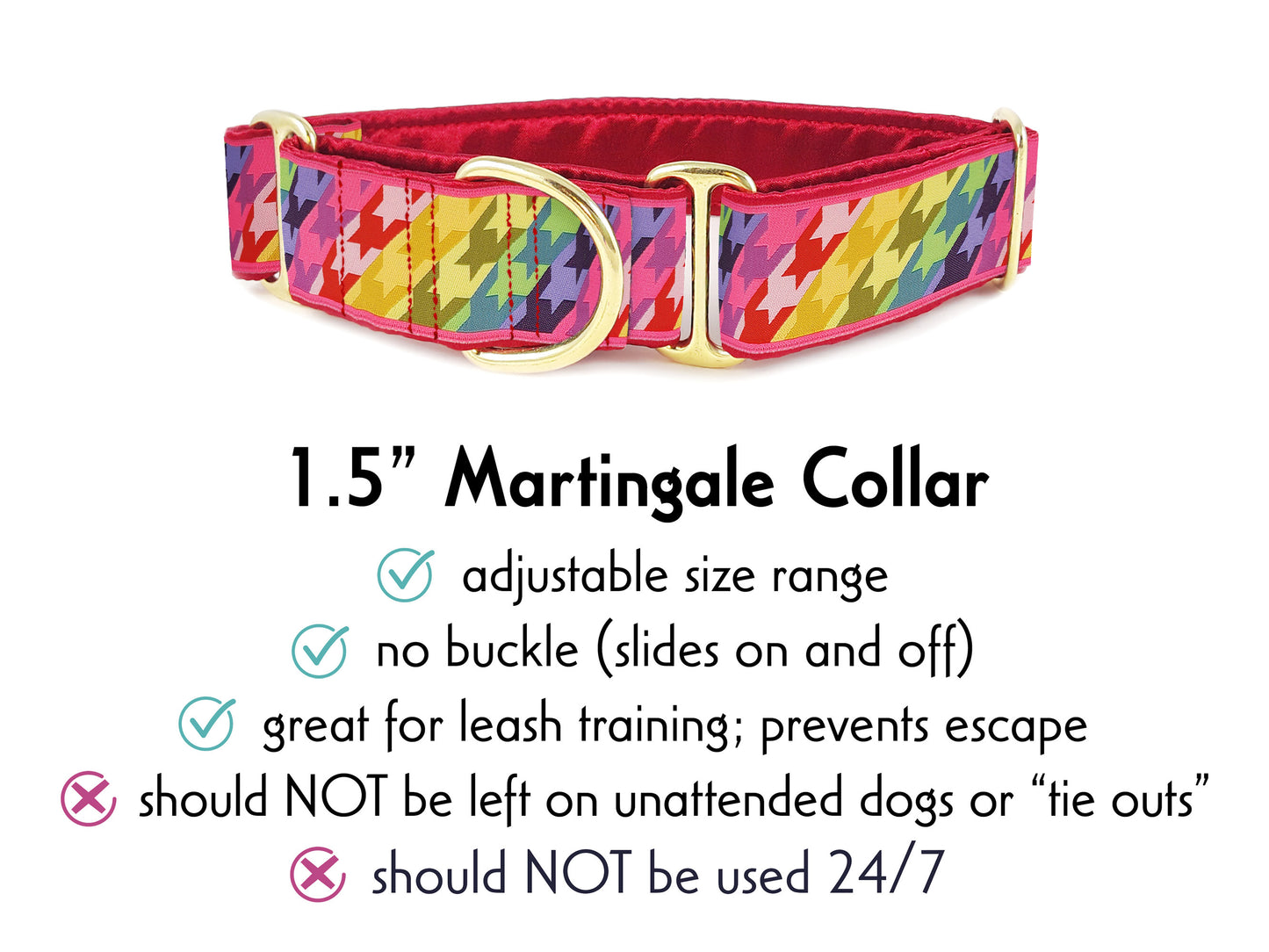 1.5 Inch Wide Rainbow Houndstooth Martingale Dog Collar by The Hound Haberdashery