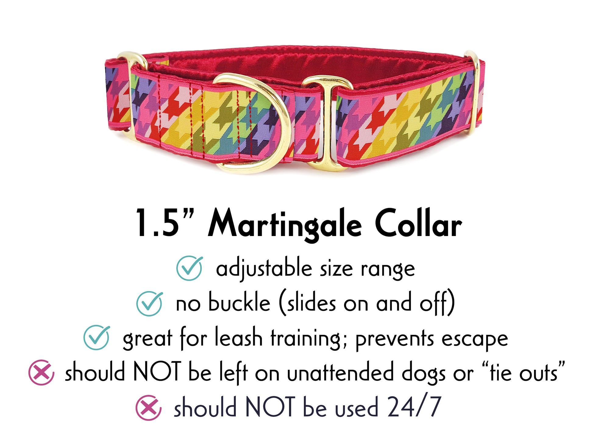 1.5 Inch Wide Rainbow Houndstooth Martingale Dog Collar by The Hound Haberdashery