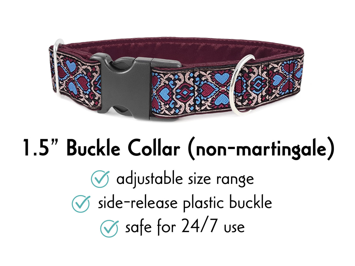1.5 Inch Wide Mauve & Plum Hearts Buckle Dog Collar by The Hound Haberdashery