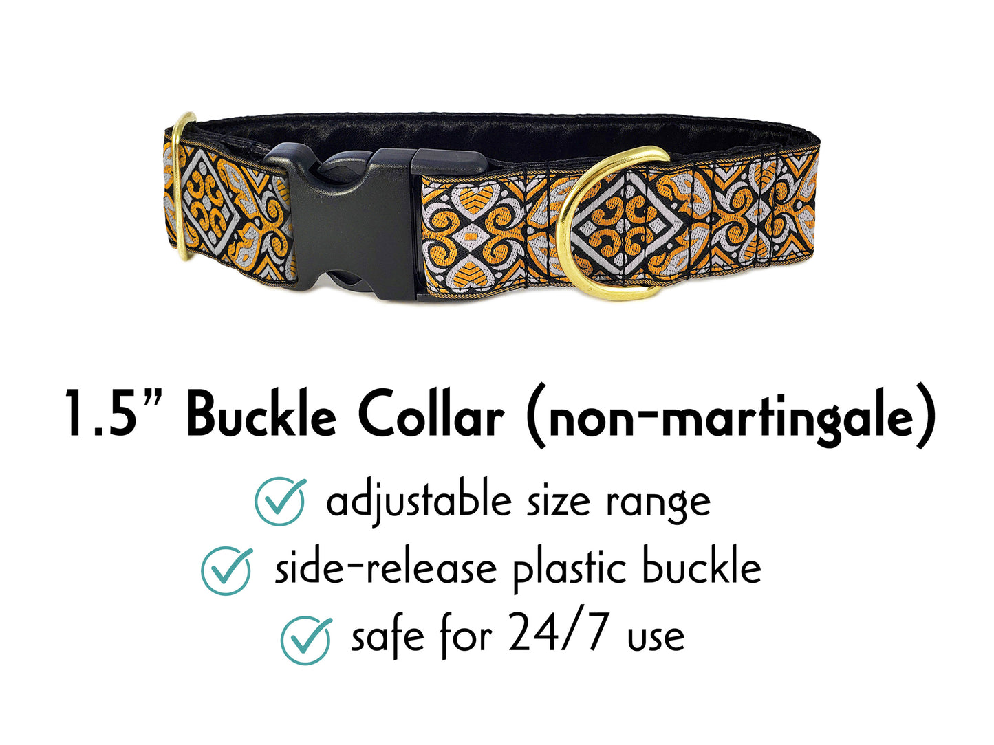 1.5 Inch Wide Gray, Orange Cologne Buckle Dog Collar by The Hound Haberdashery