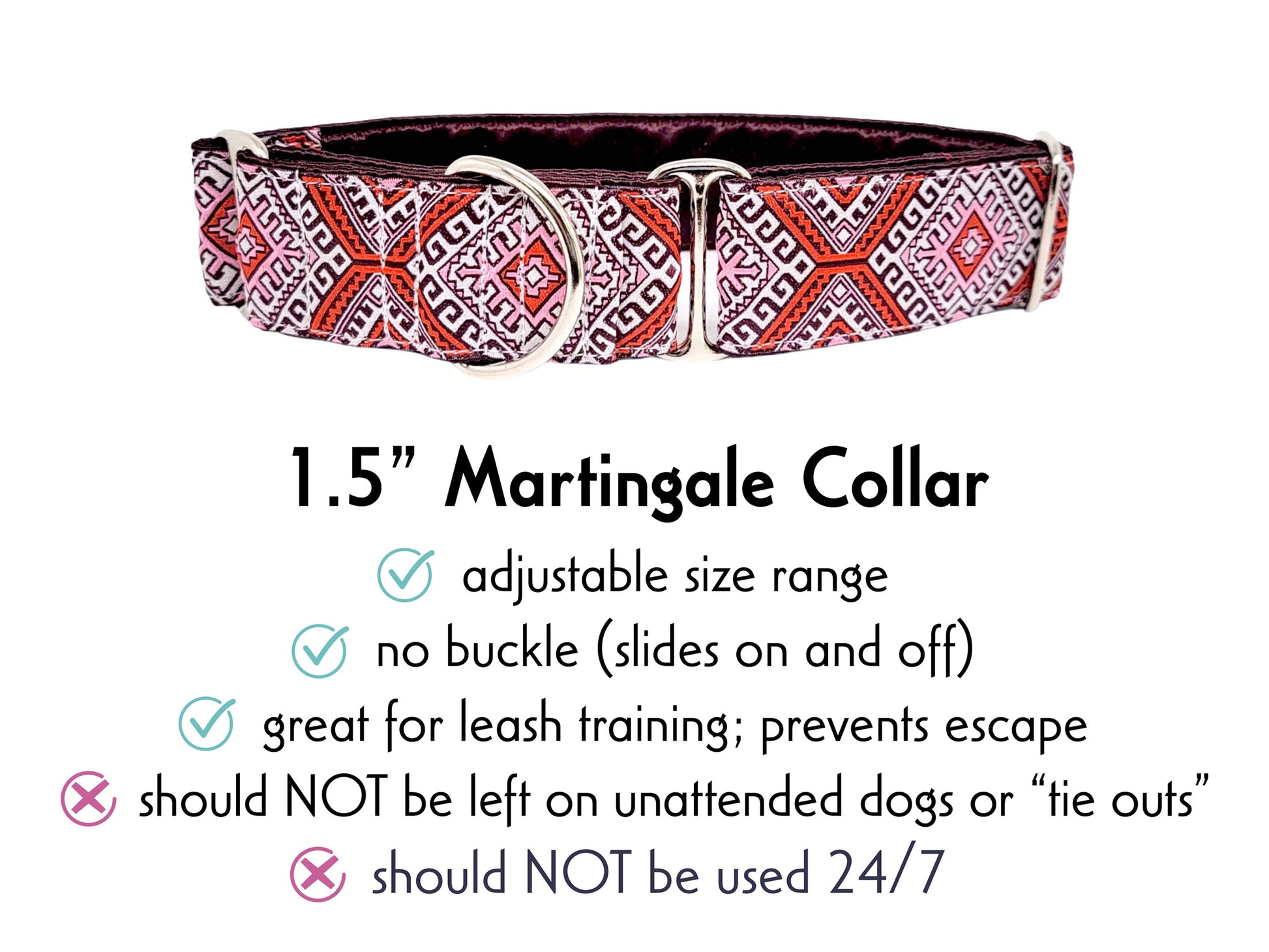 1.5 Inch Wide Burgundy, Orange Arizona Martingale Dog Collar by The Hound Haberdashery