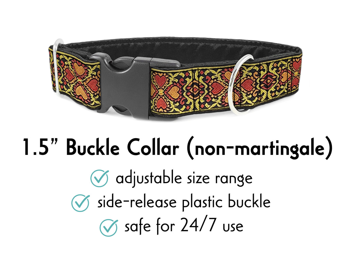 1.5 Inch Wide Yellow, Orange & Red Hearts Buckle Dog Collar by The Hound Haberdashery