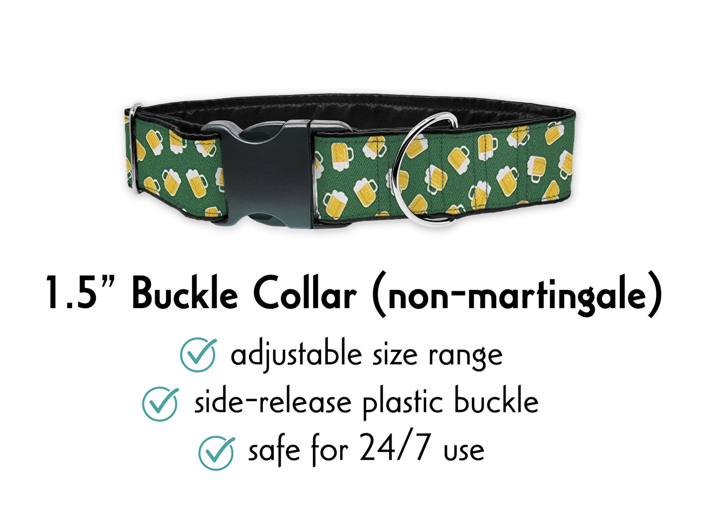 1.5 inch Green, Yellow Beer Buckle Dog Collar by The Hound Haberdashery | Satin-Lined, Custom-Made for Medium to Large Dogs, Whippets, Greyhounds, Great Danes, Etc.