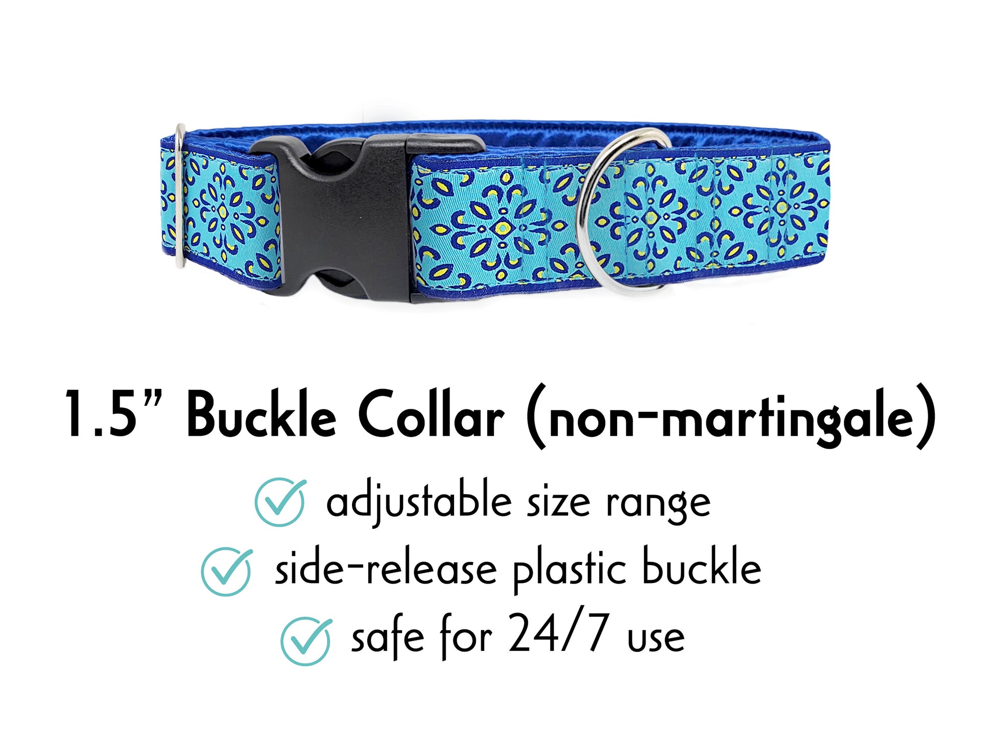 1.5 Inch Wide Blue Capri Buckle Dog Collar by The Hound Haberdashery