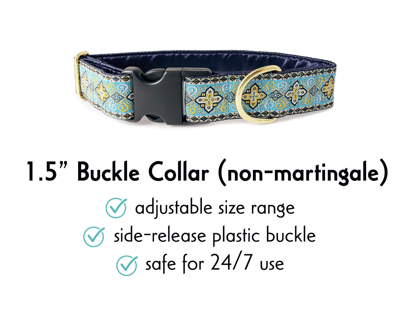 1.5 Inch Wide Light Blue, Gold Nobility Buckle Dog Collar by The Hound Haberdashery
