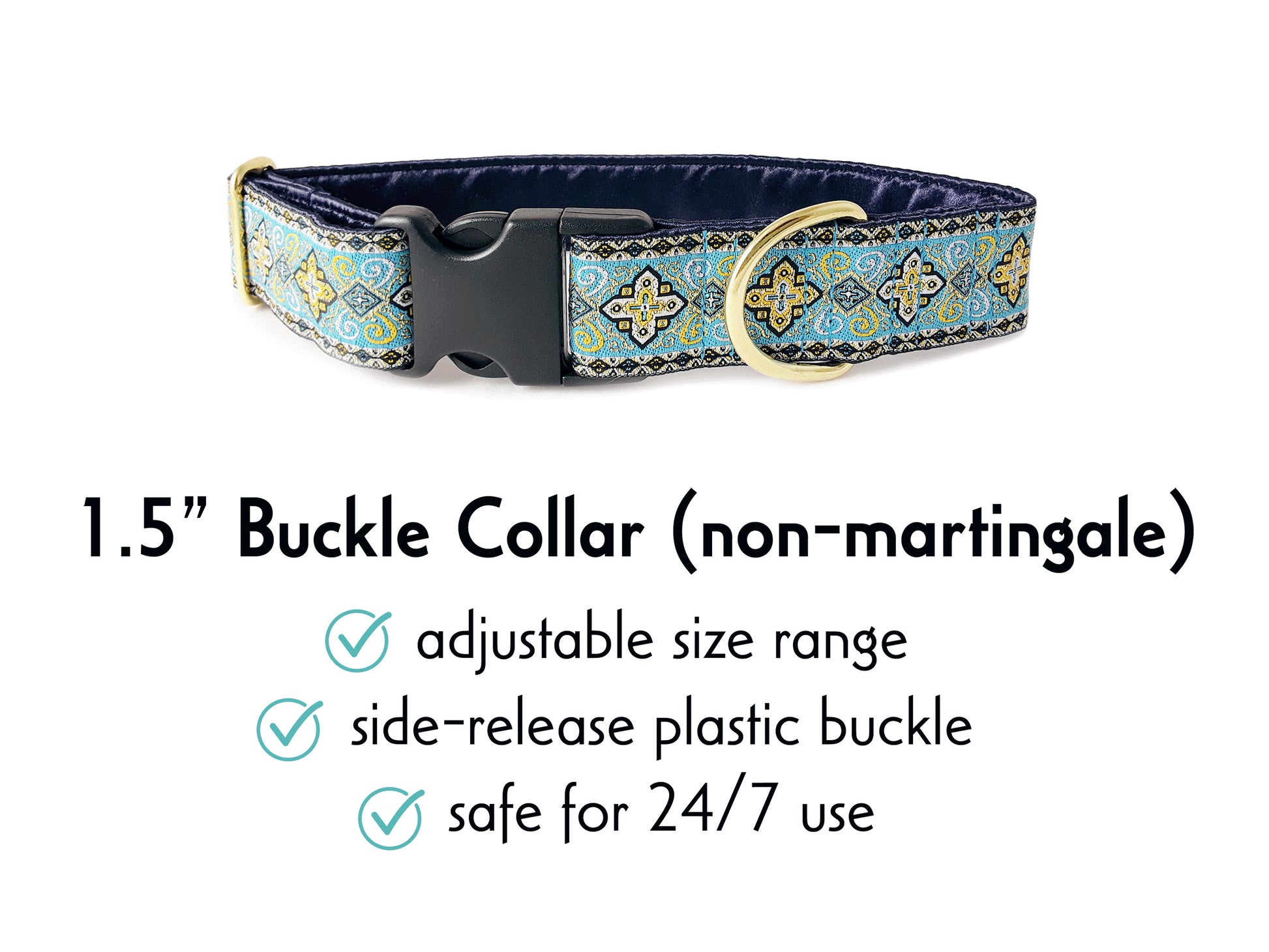 1.5 Inch Wide Light Blue, Gold Nobility Buckle Dog Collar by The Hound Haberdashery