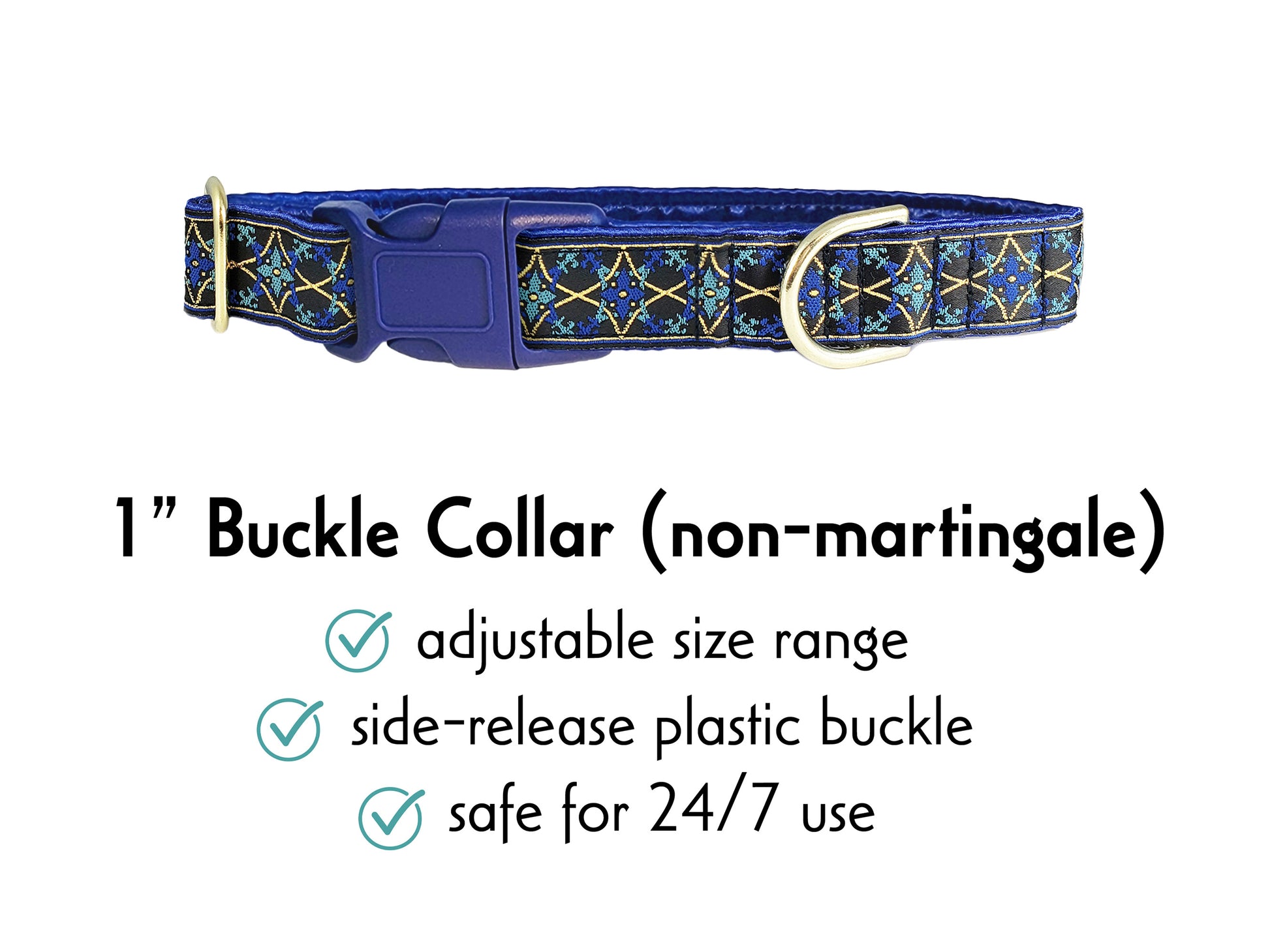 1 Inch Wide Blue, Gold Exeter Buckle Dog Collar by The Hound Haberdashery