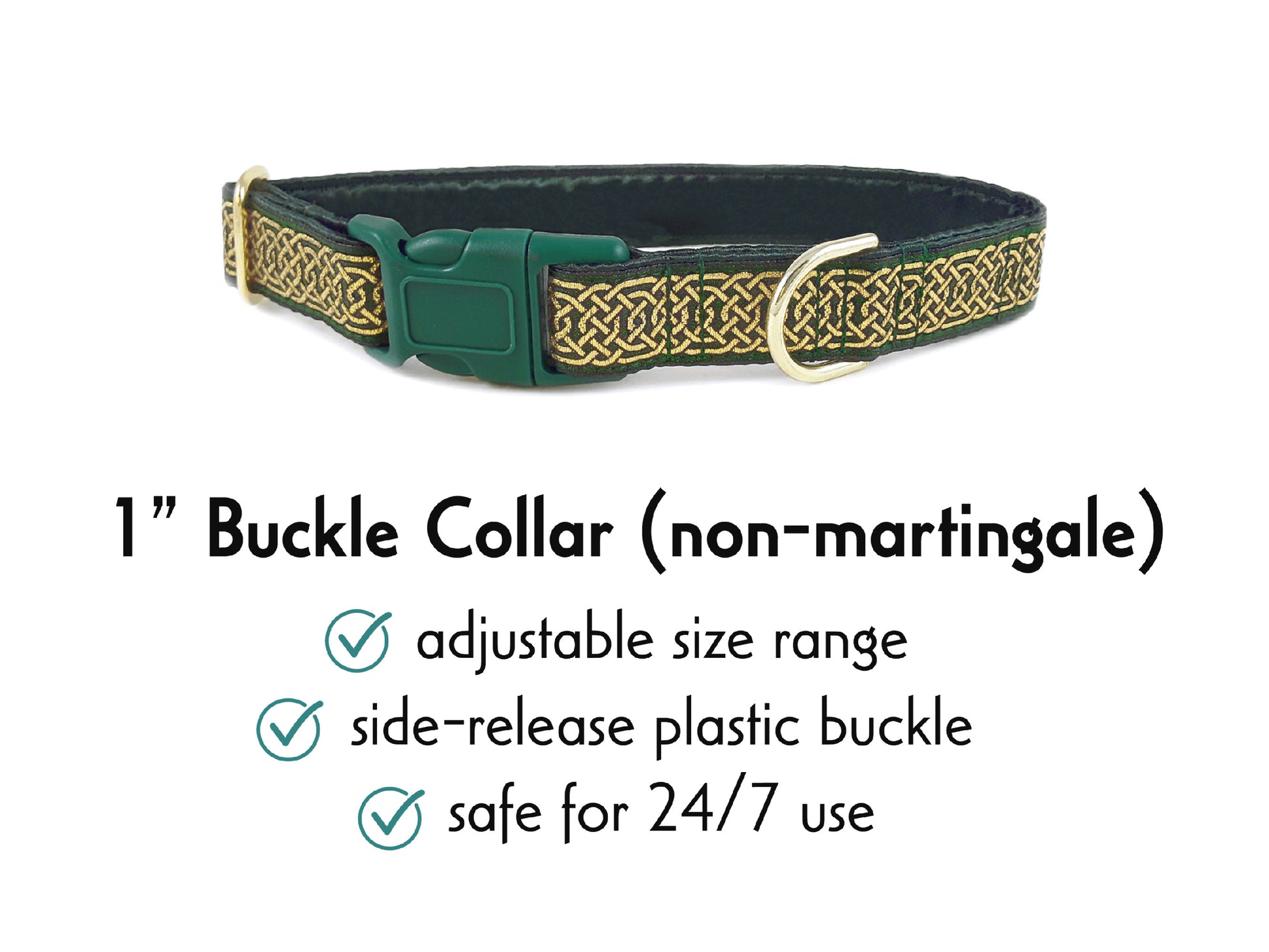 1 Inch Wide Green, Gold Wexford Celtic Braid Buckle Dog Collar by The Hound Haberdashery