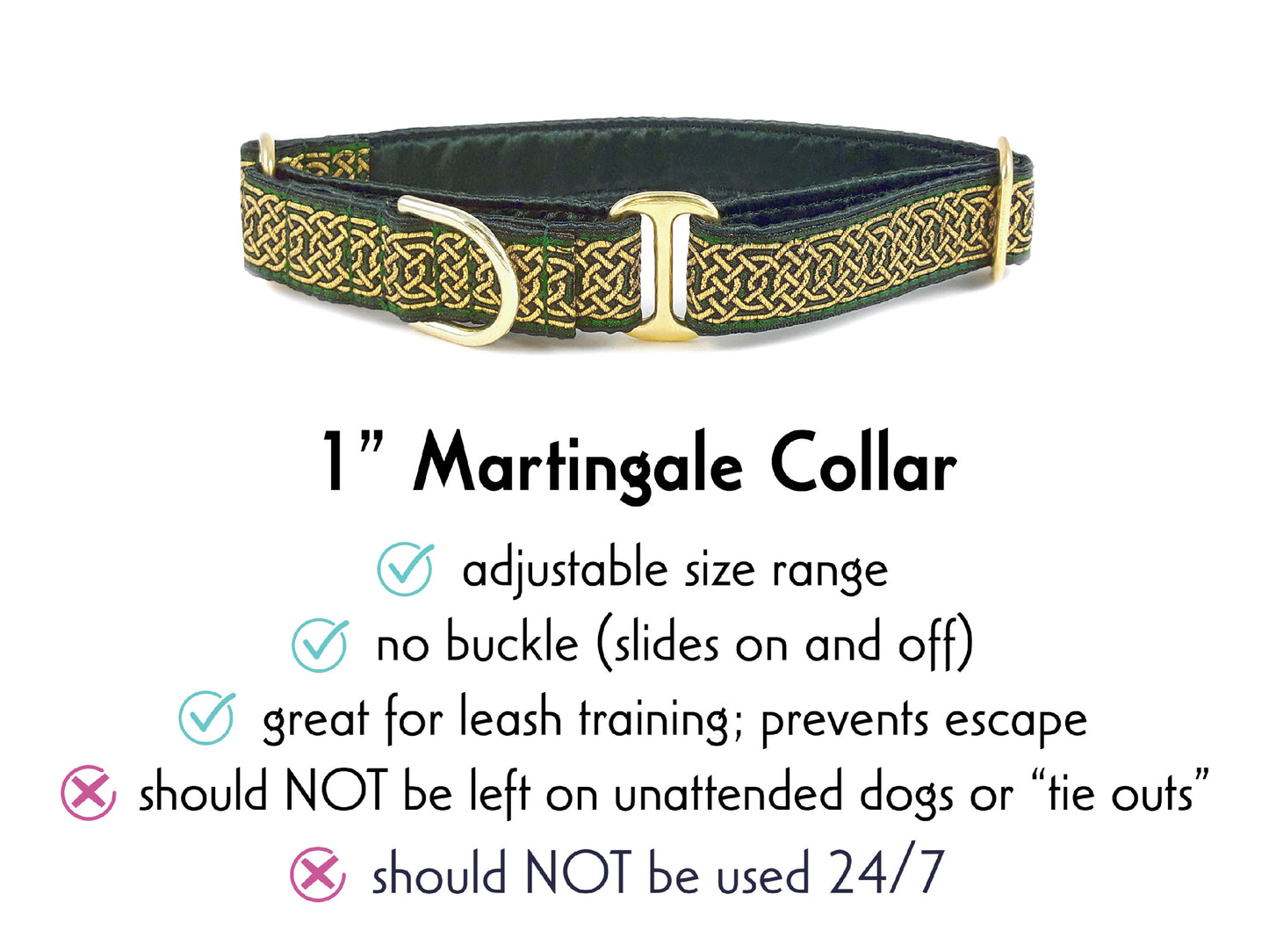 1 Inch Wide Green, Gold Wexford Celtic Braid Martingale Dog Collar by The Hound Haberdashery