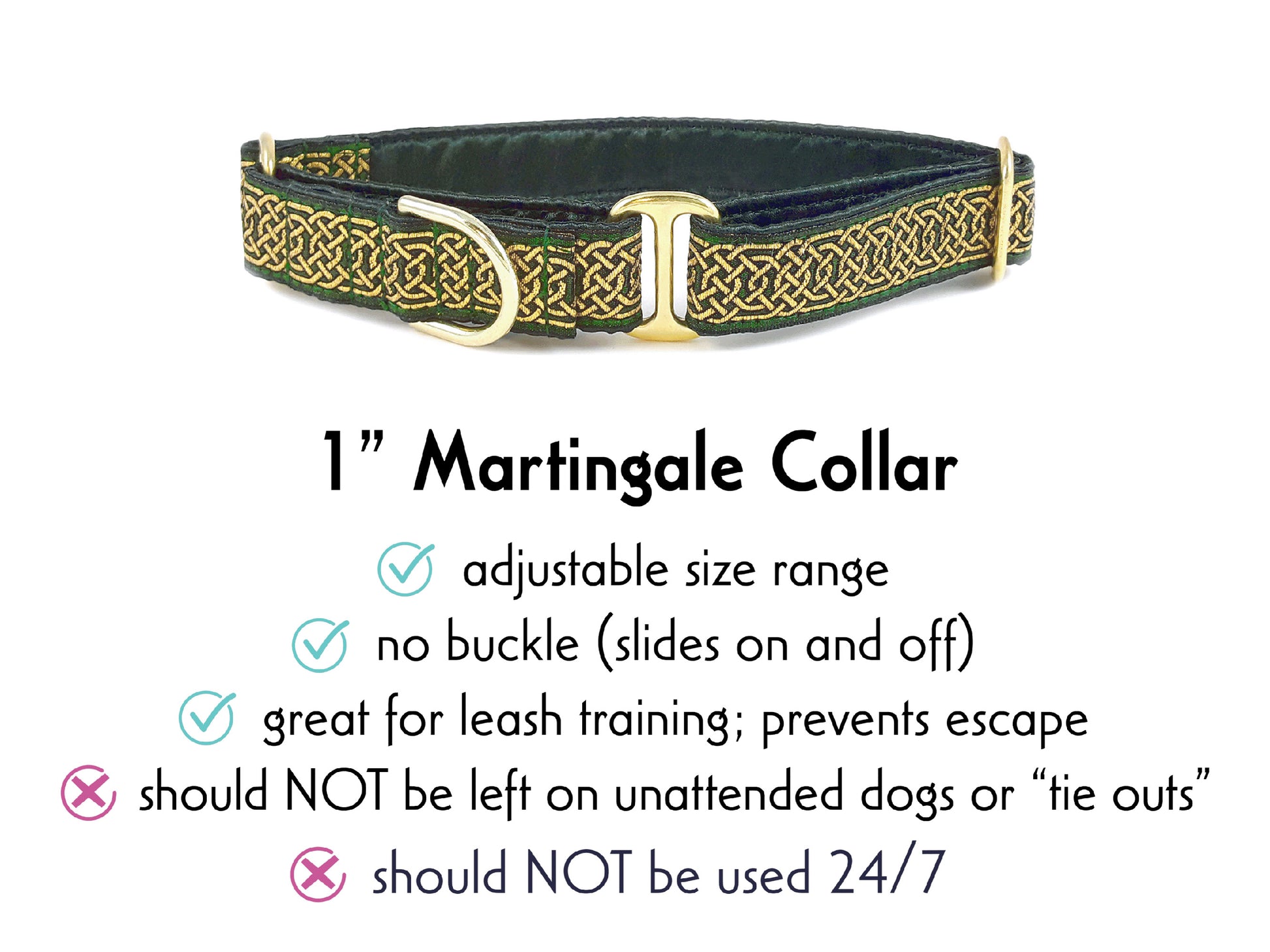 1 Inch Wide Green, Gold Wexford Celtic Braid Martingale Dog Collar by The Hound Haberdashery