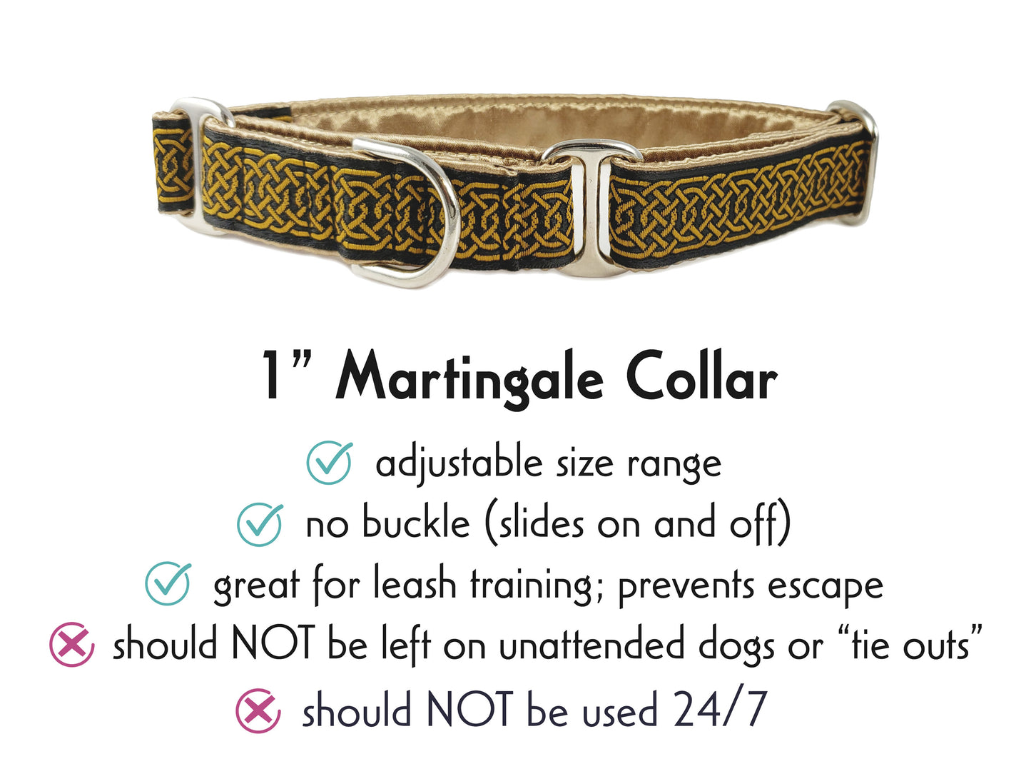 1 Inch Wide Old Gold, Black Wexford Celtic Braid Martingale Dog Collar by The Hound Haberdashery