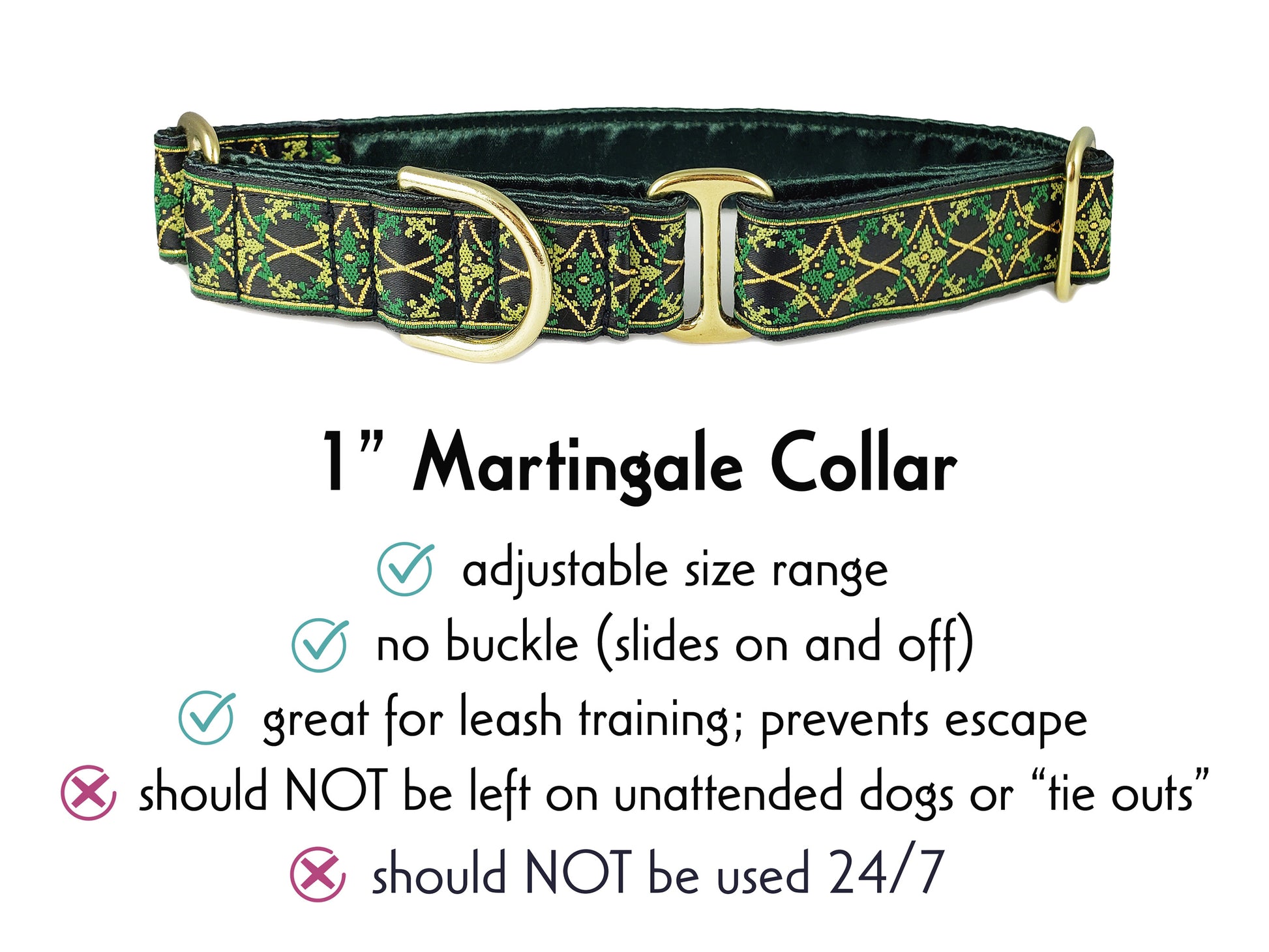 1 Inch Wide Green, Gold Exeter Martingale Dog Collar by The Hound Haberdashery