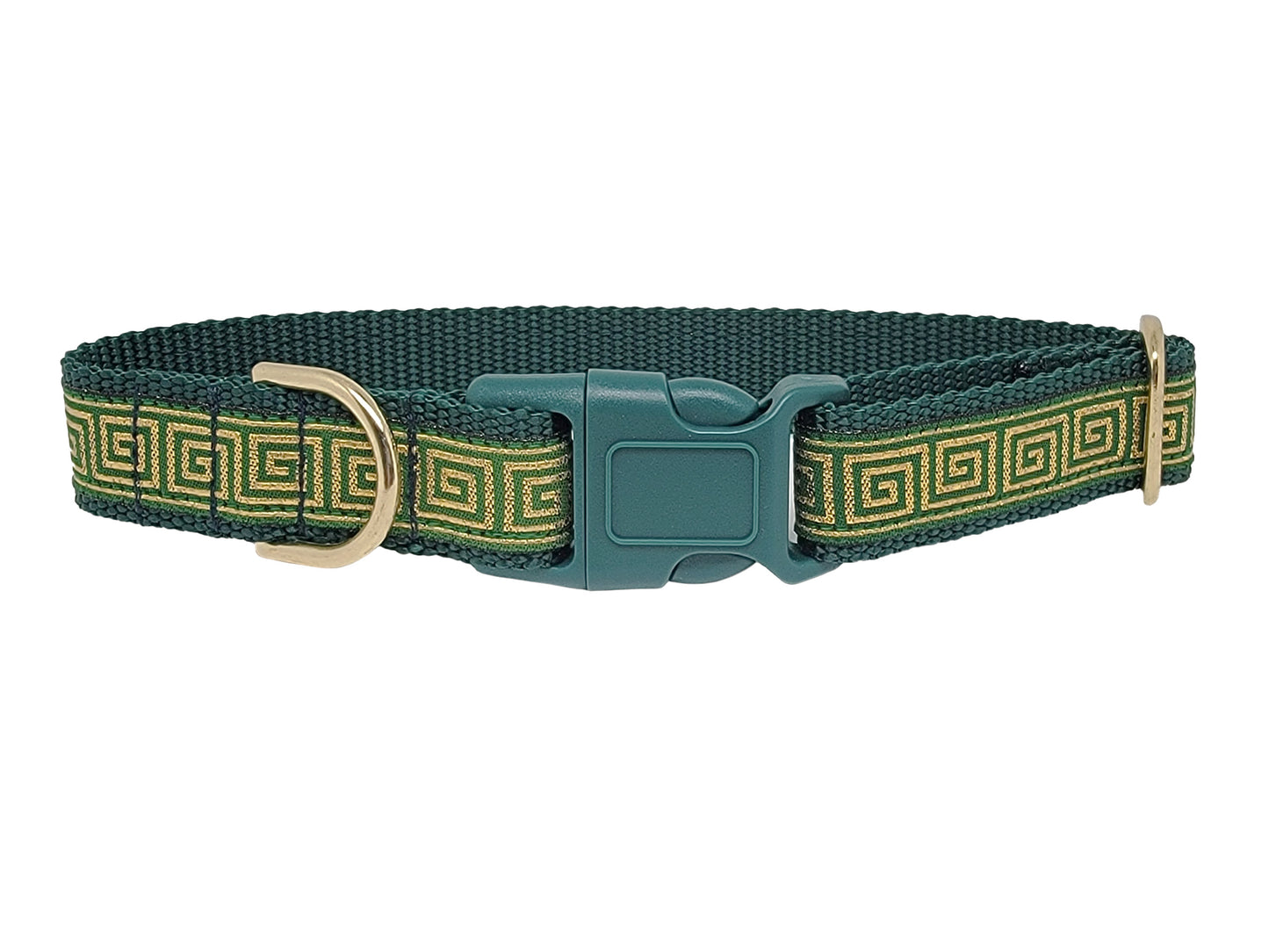1 Inch Wide Green, Gold Greek Key Dog Tag Collar with buckle, by The Hound Haberdashery