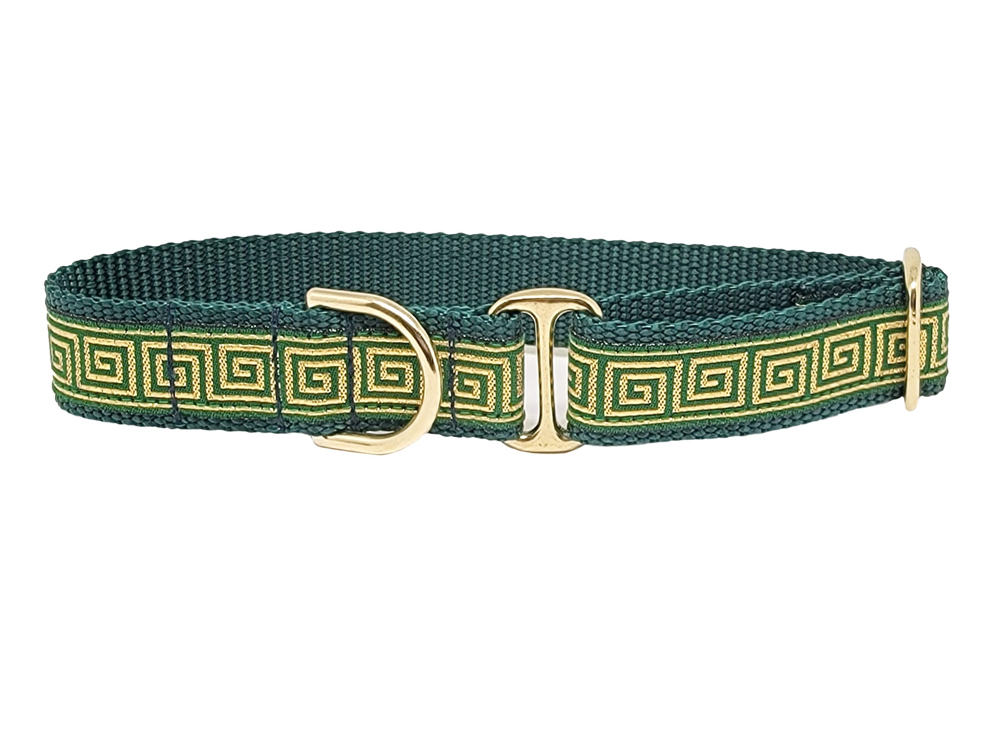 1 Inch Wide Green, Gold Greek Key Dog Tag Collar by The Hound Haberdashery