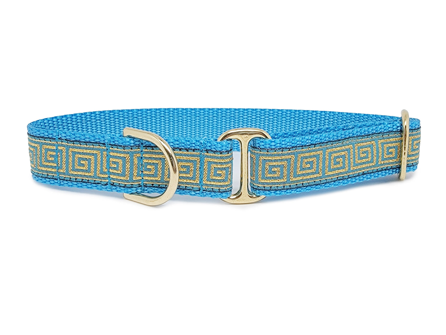 Turquoise, Gold Greek Key Dog Tag Collar by The Hound Haberdashery