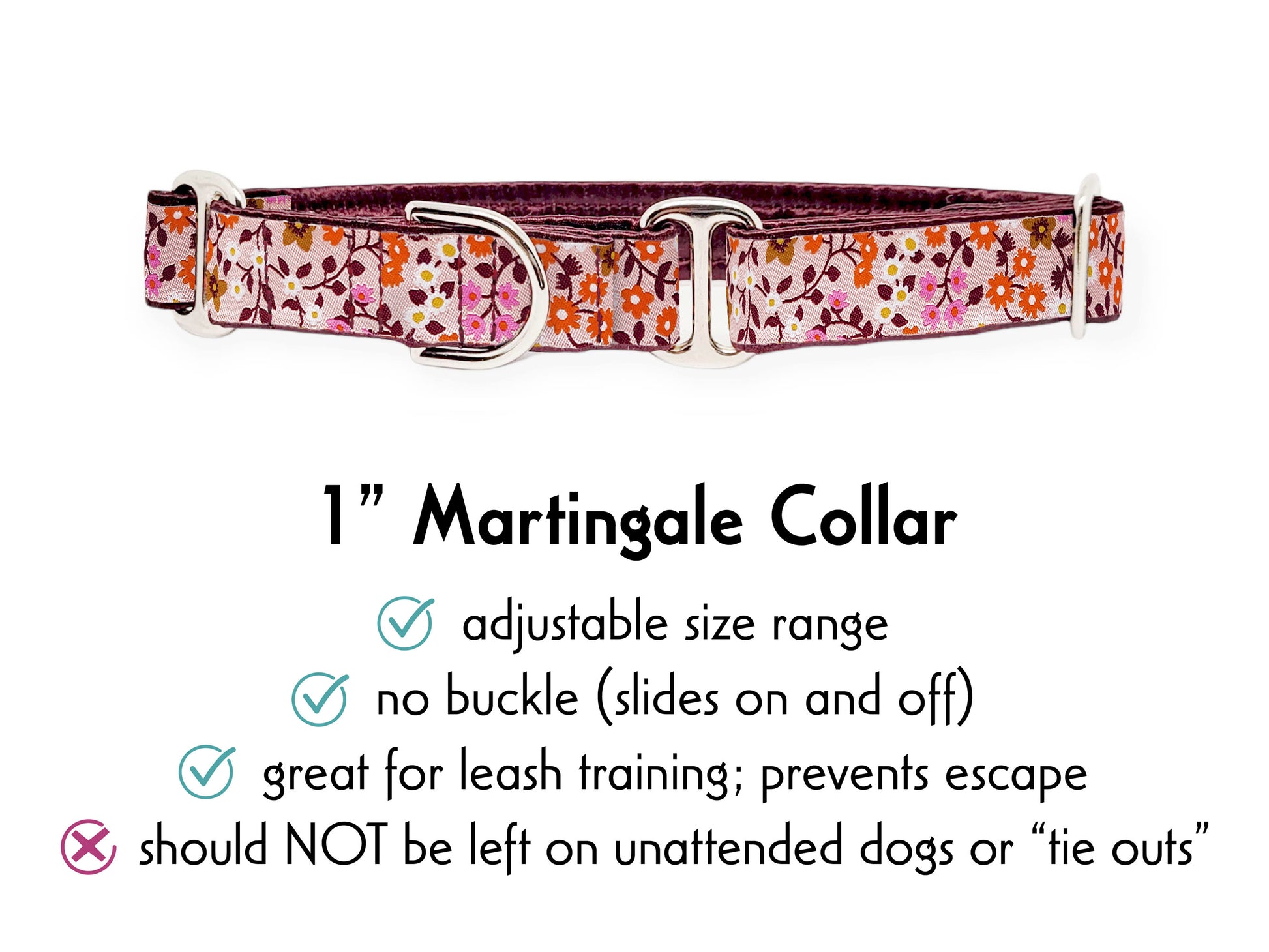 1 Inch Wide Pink Floral Martingale Dog Collar by The Hound Haberdashery