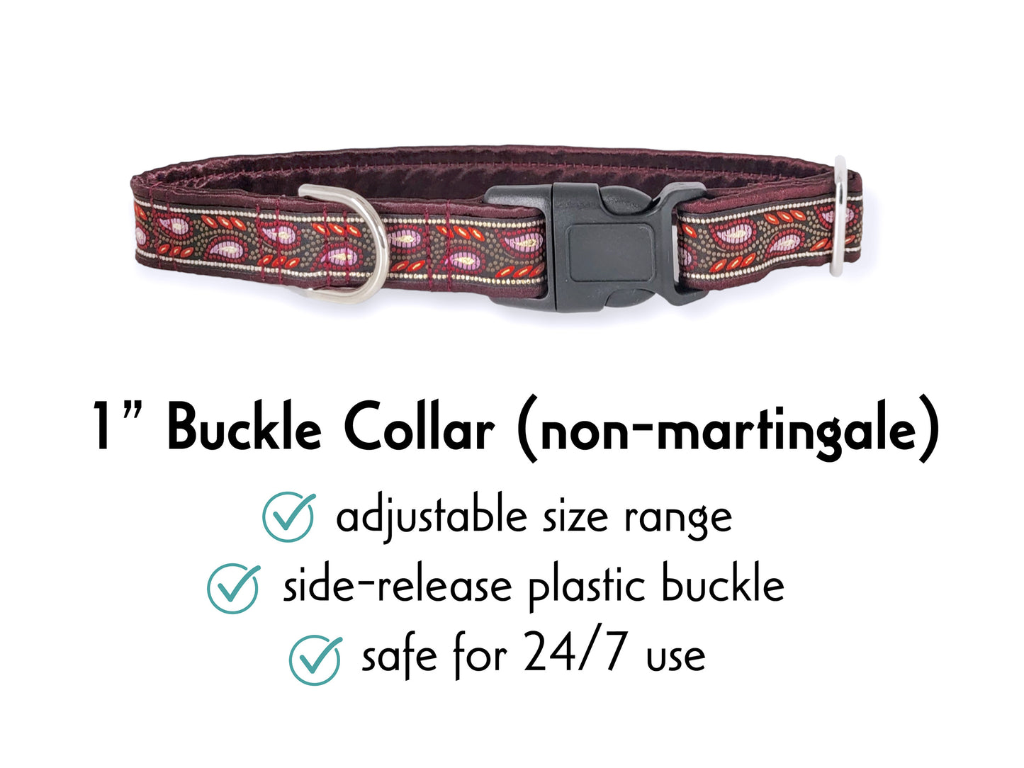 1 Inch Wide Plum, Crimson Paisley Vines Buckle Dog Collar by The Hound Haberdashery