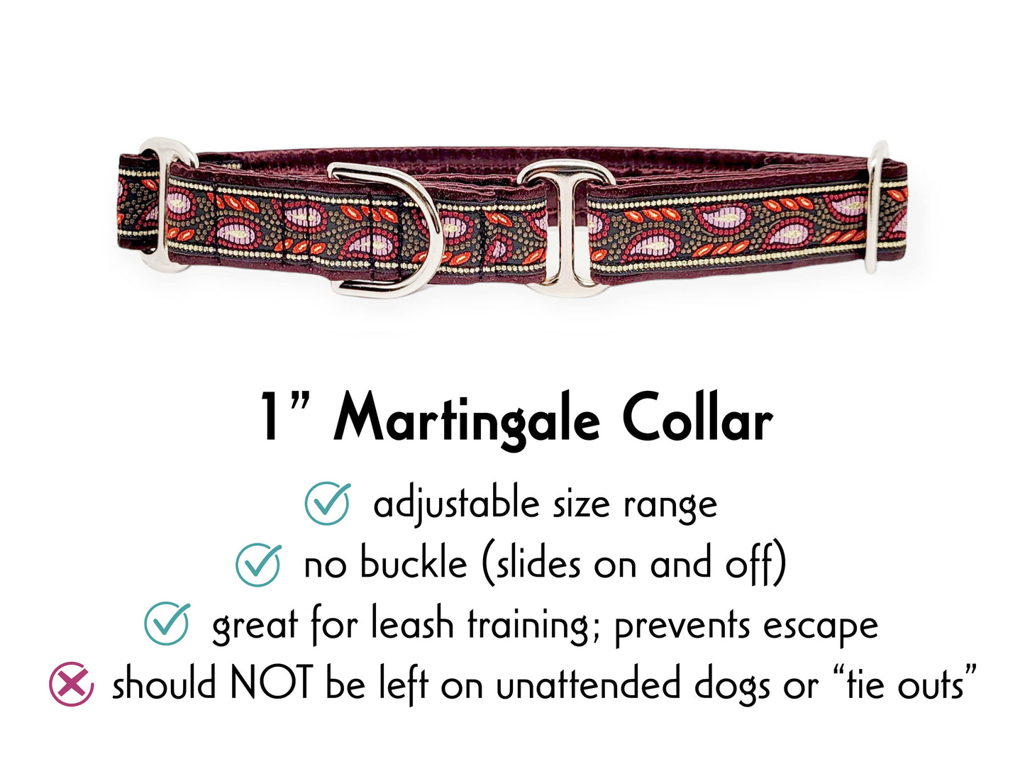 1 Inch Wide Plum, Crimson Paisley Vines Martingale Dog Collar by The Hound Haberdashery