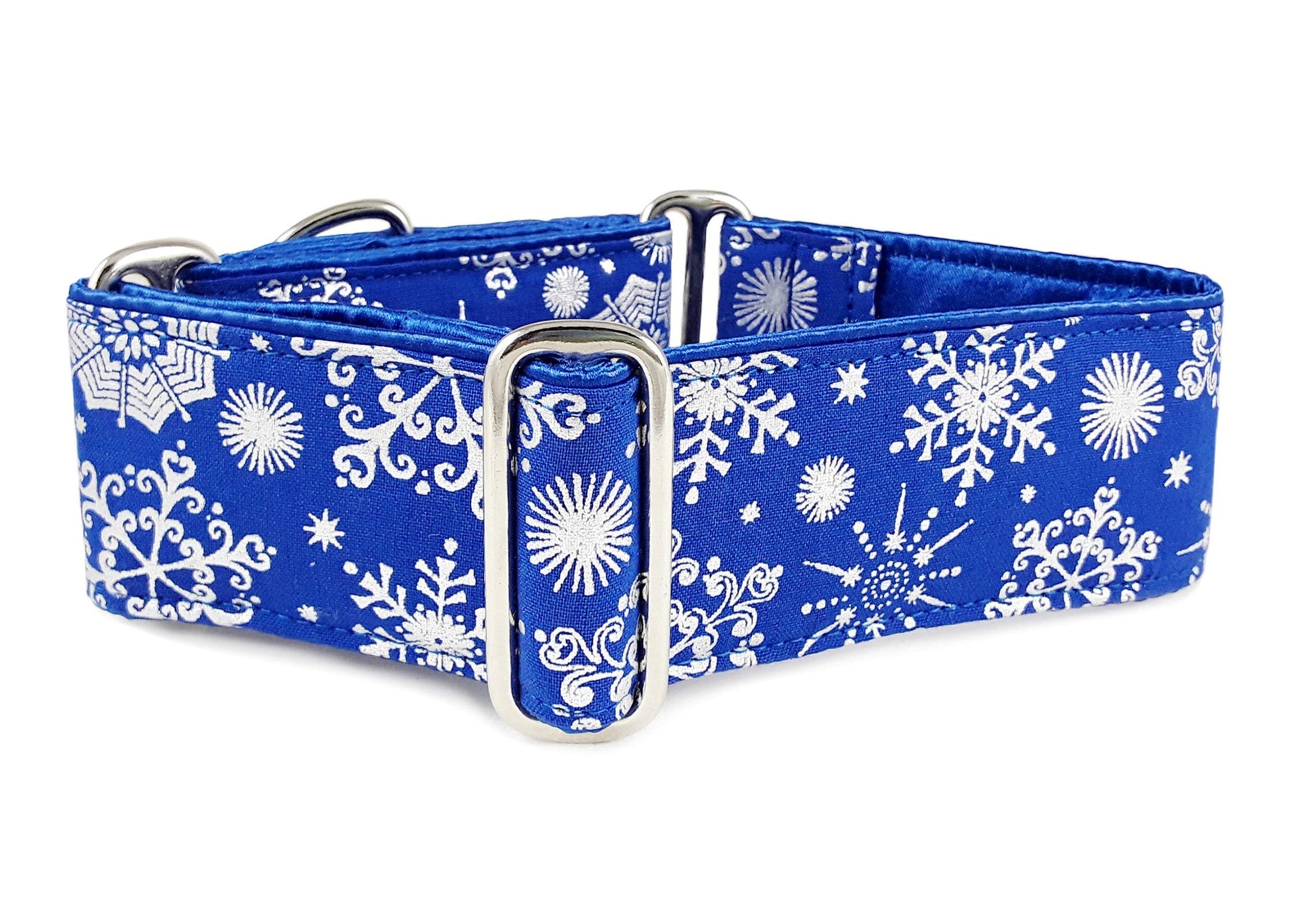 2 Inch Wide Blue, Silver Snowflakes Dog Collar by The Hound Haberdashery