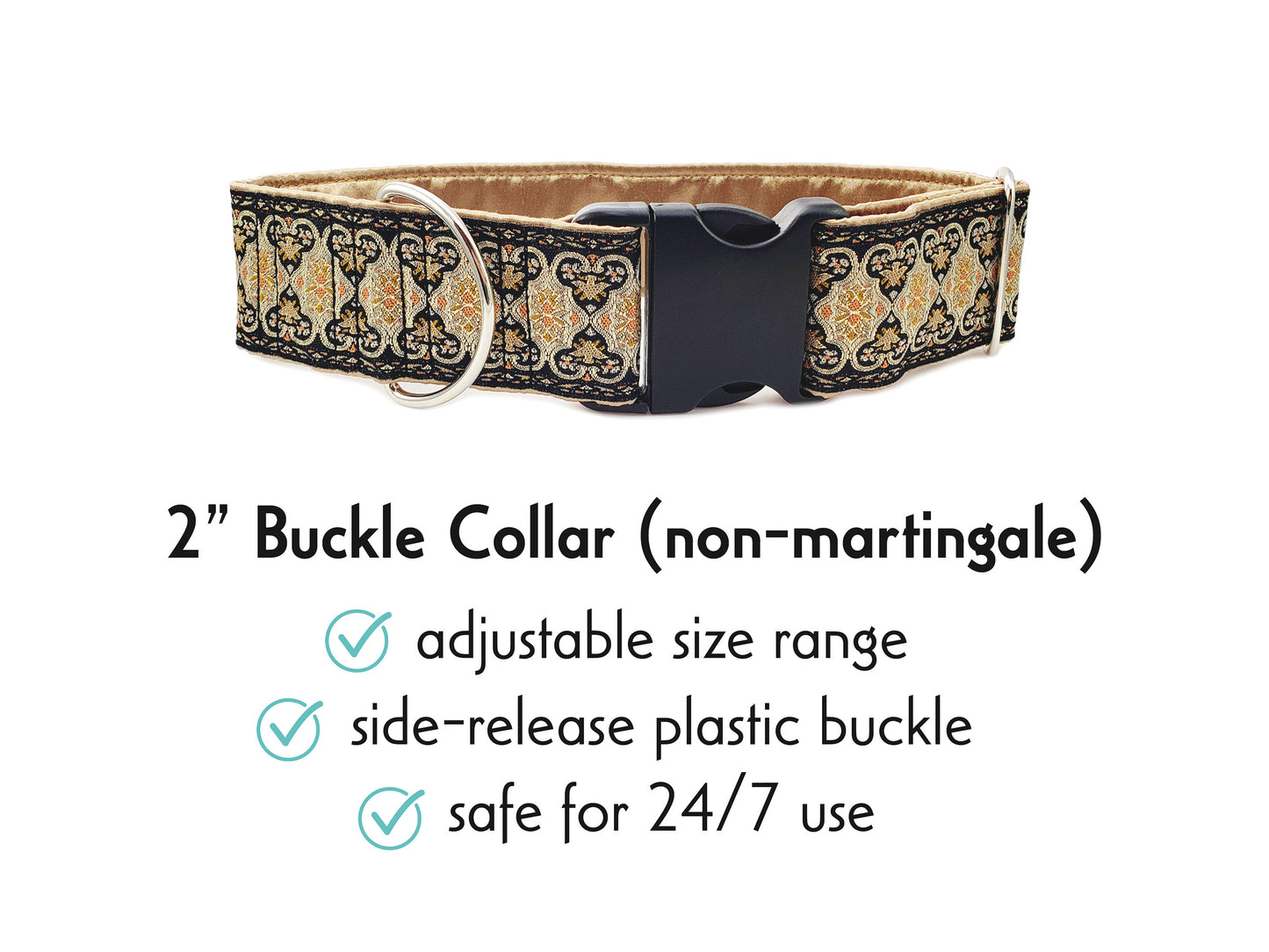 Cairo in Black & Metallic Gold - Martingale or Buckle Dog Collar - 2" Width