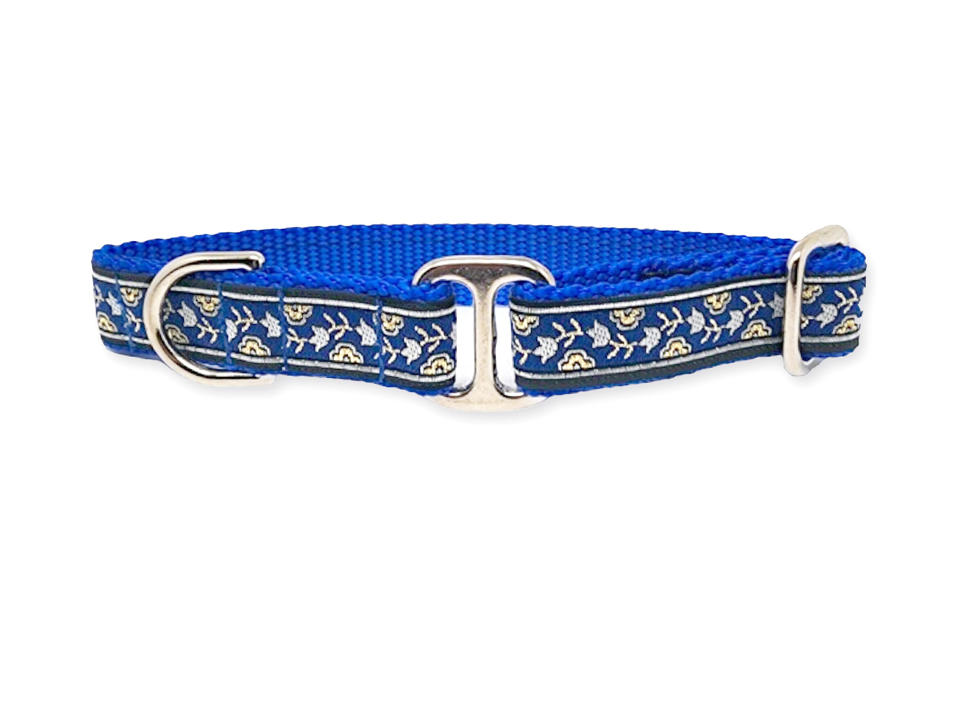 3/4 Blue, Gold, Silver Stratford Floral Dog Tag Collar by The Hound Haberdashery