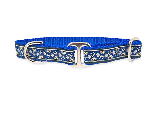 3/4 Blue, Gold, Silver Stratford Floral Dog Tag Collar by The Hound Haberdashery