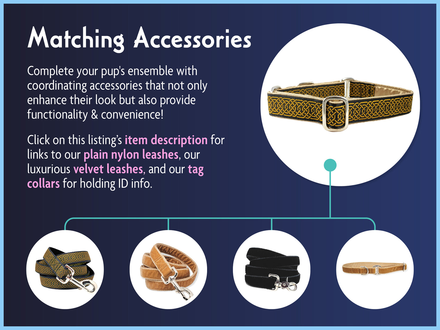 Matching Accessories for the 1 Inch Wide Old Gold, Black Wexford Celtic Braid Dog Collar by The Hound Haberdashery
