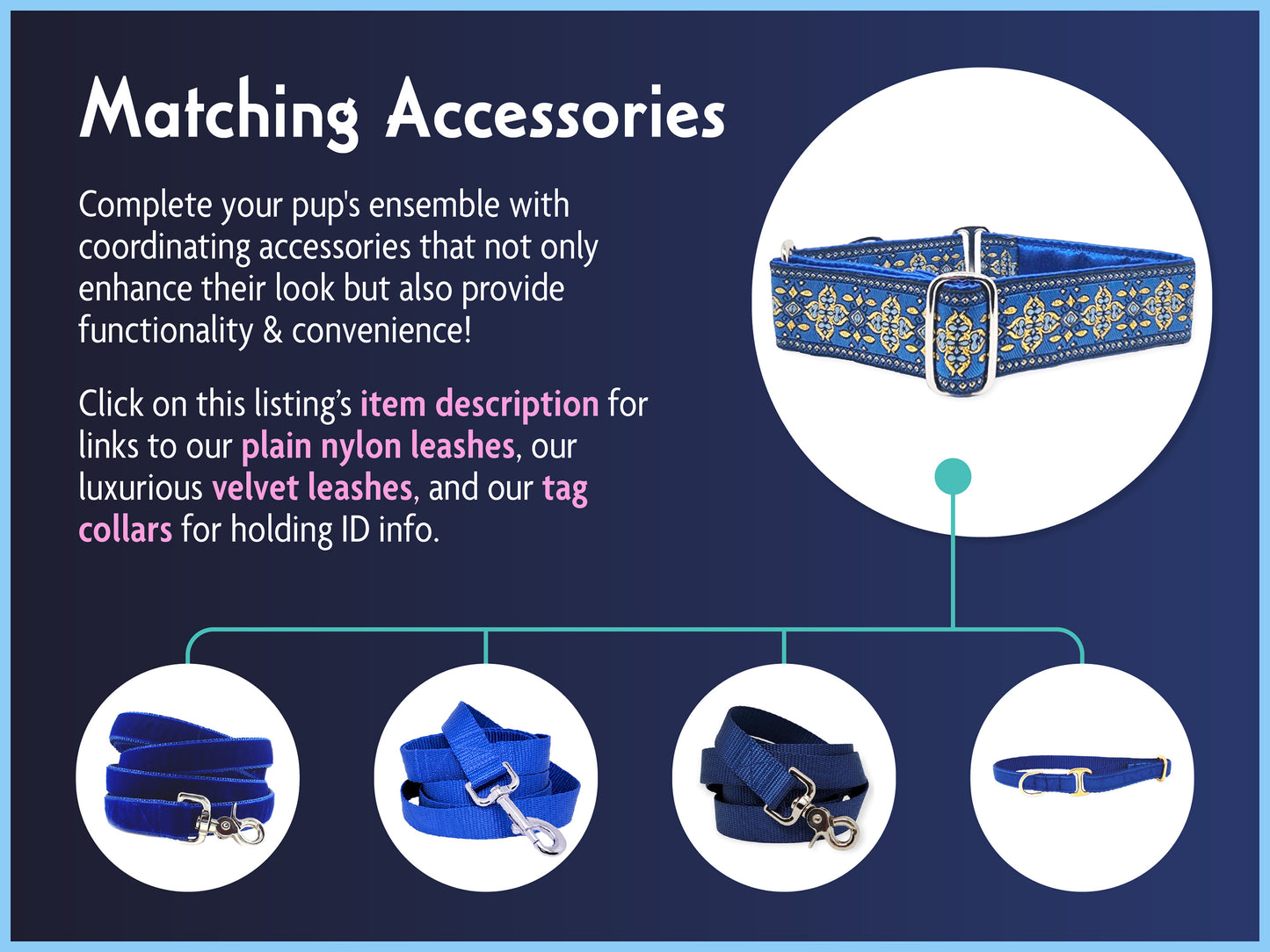 Matching Accessories for the 1.5 Inch Wide Blue, Gold Cashel Dog Collar by The Hound Haberdashery