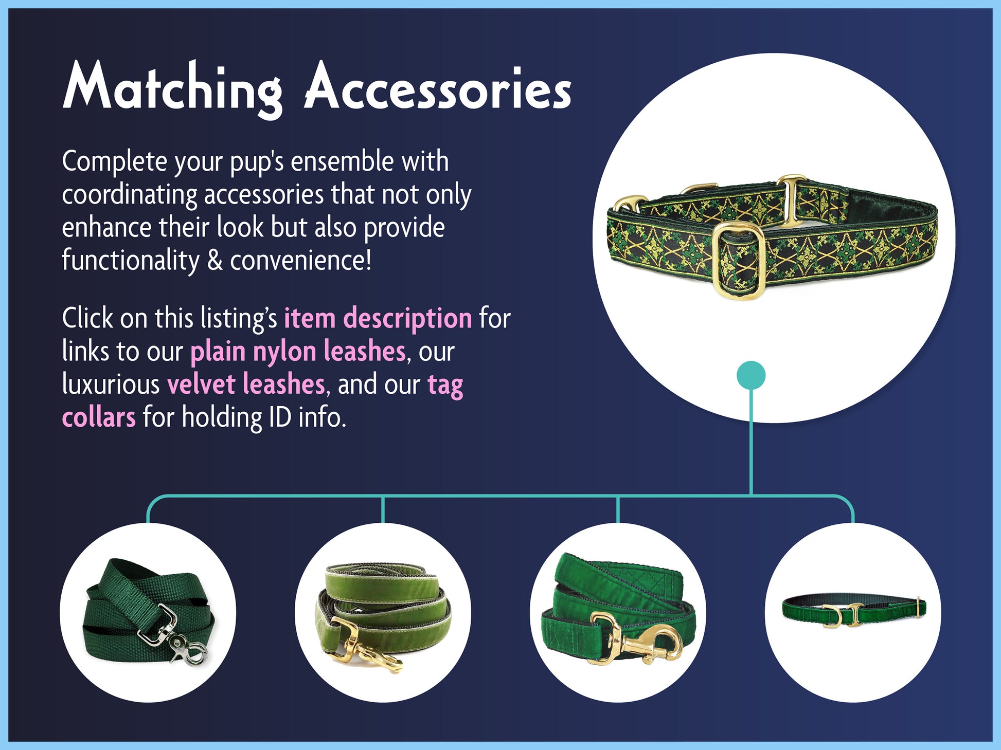 Matching Accessories for the 1 Inch Wide Green, Gold Exeter Dog Collar by The Hound Haberdashery