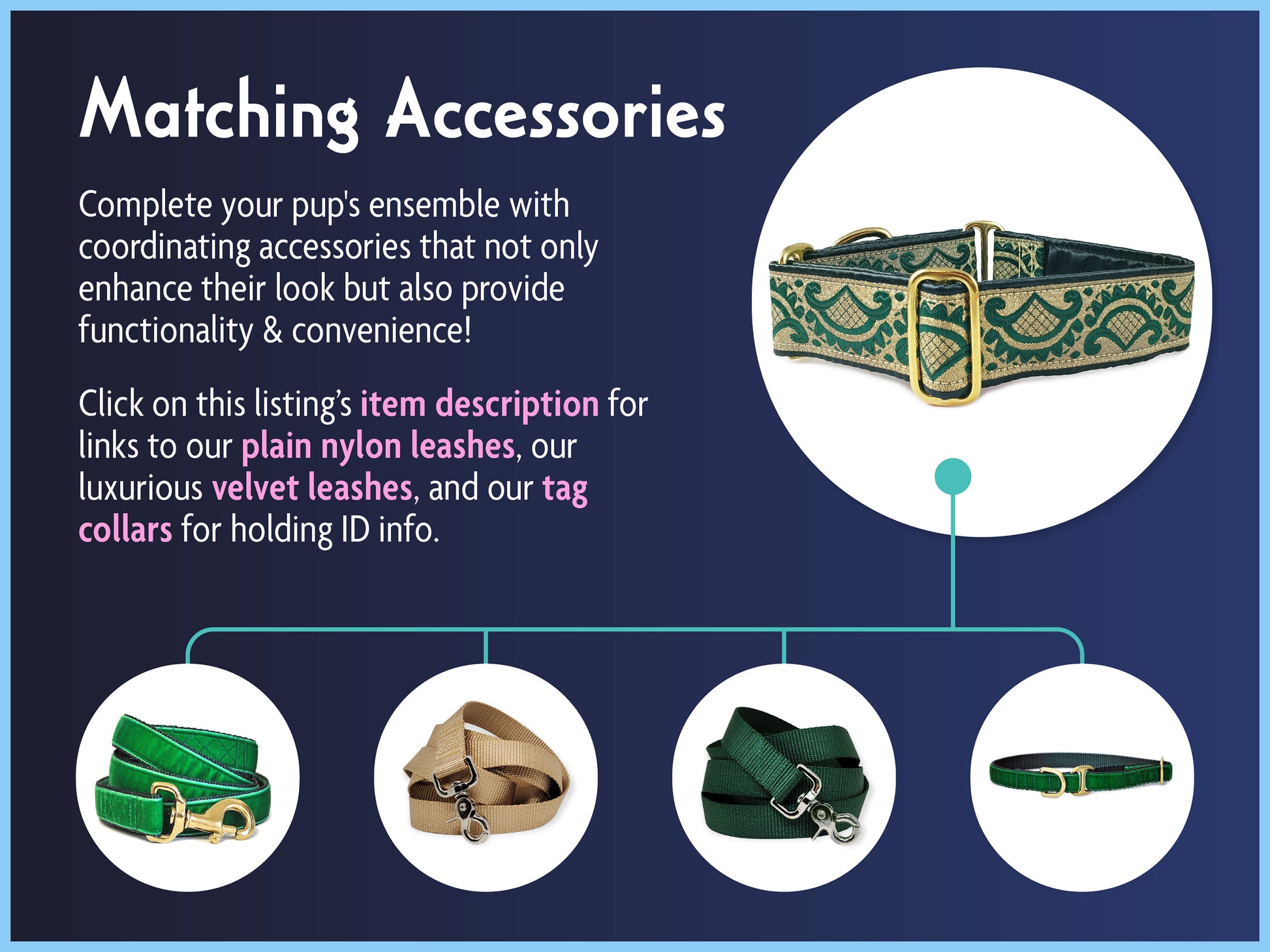 Matching Accessories for the 1.5 Inch Wide Green, Gold Tivoli Dog Collar by The Hound Haberdashery
