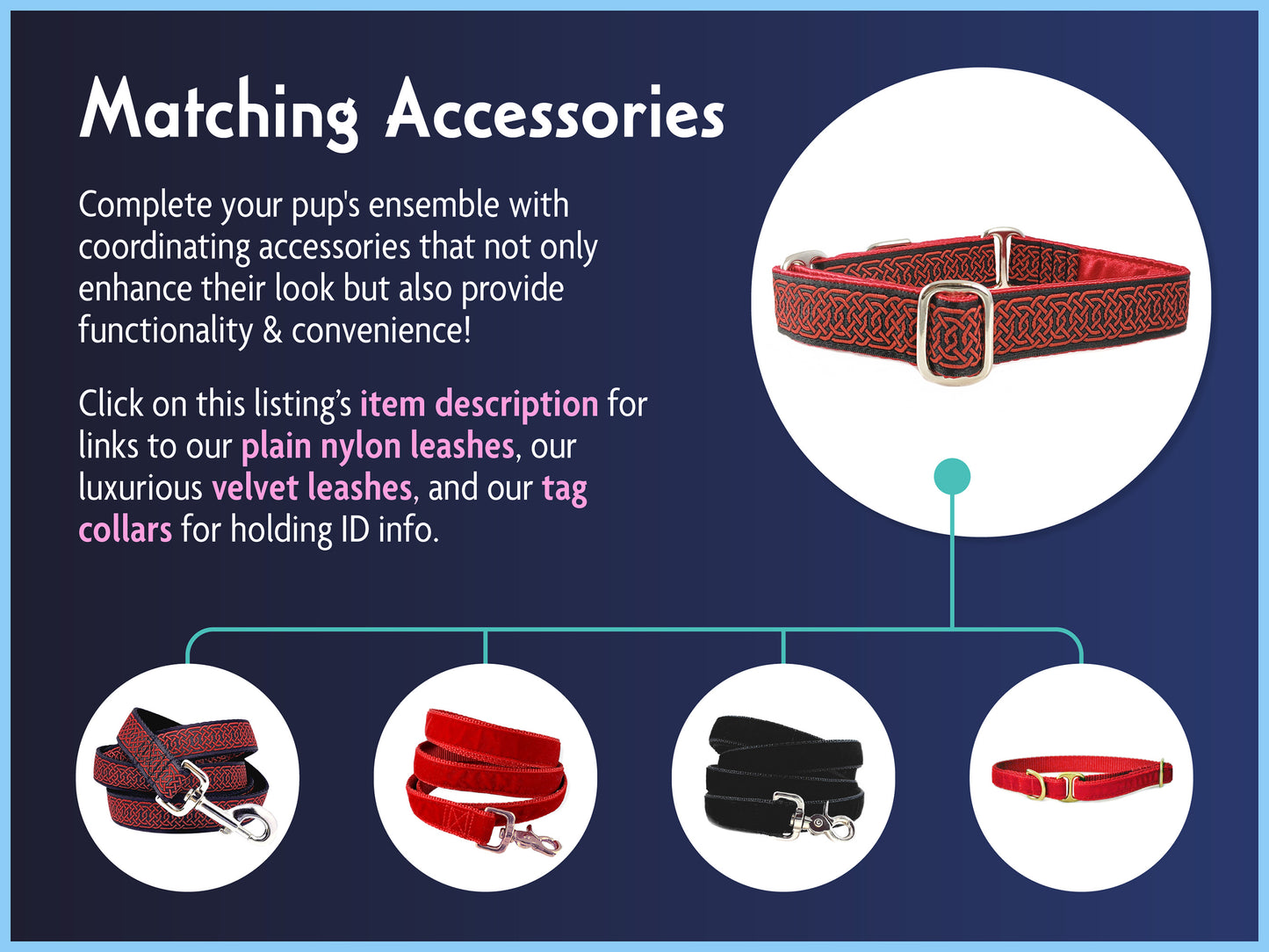 Matching Accessories for the 1 Inch Wide Red, Black Wexford Celtic Braid Dog Collar by The Hound Haberdashery