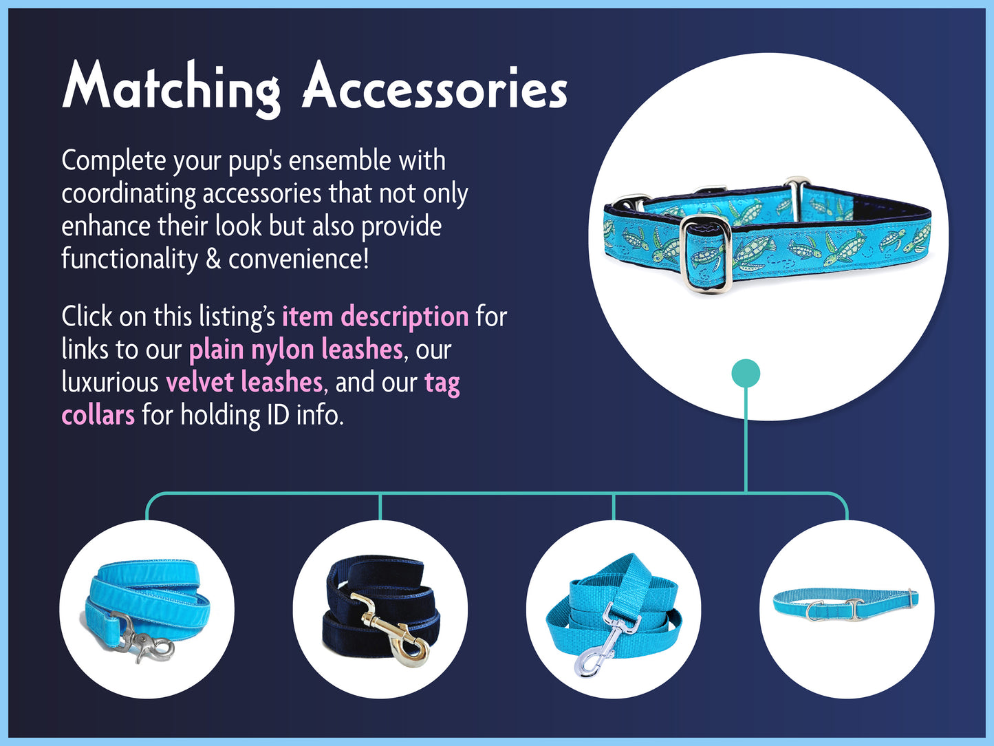 Matching Accessories for the 1 Inch Wide Sea Turtles Dog Collar by The Hound Haberdashery