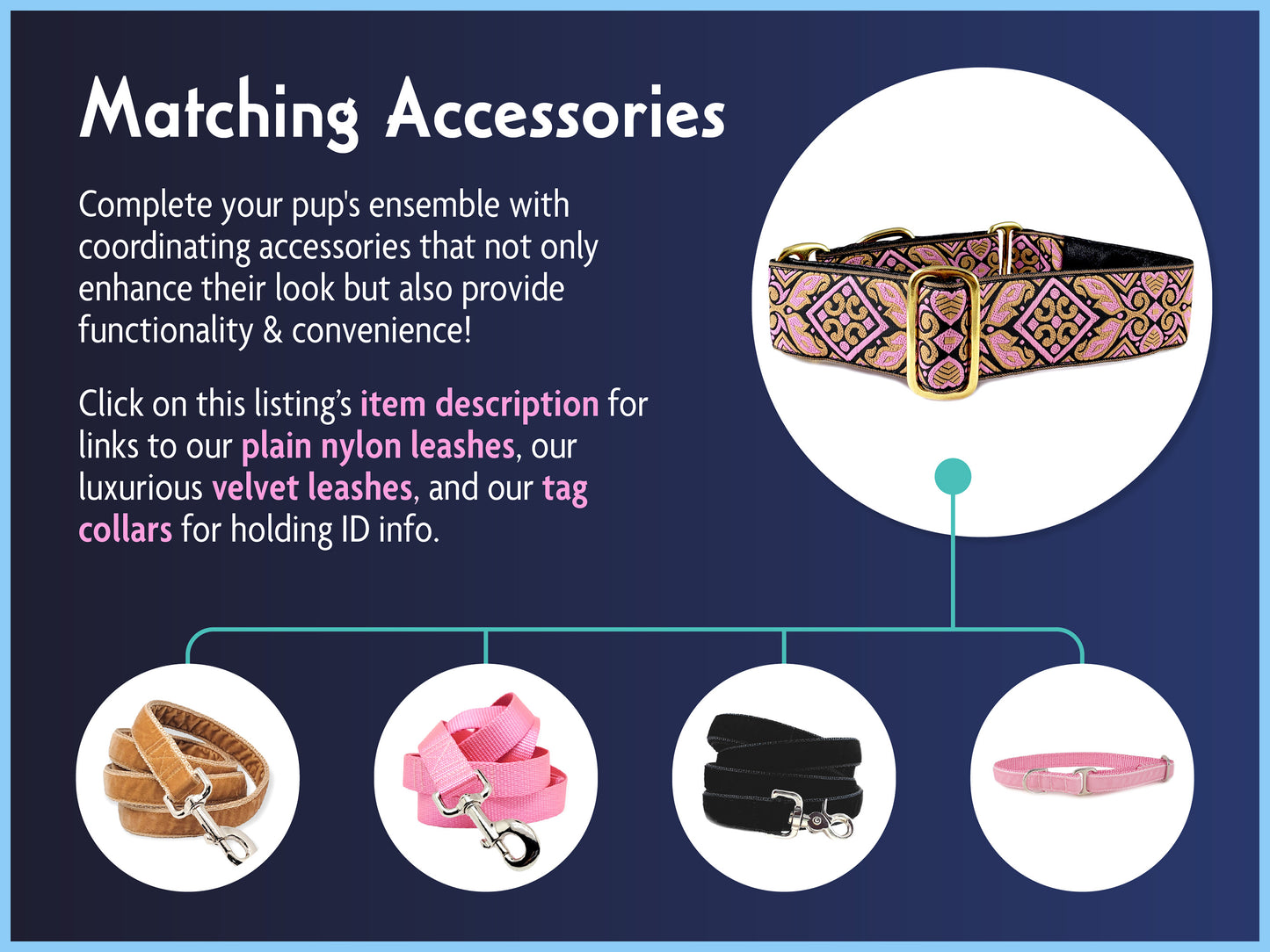 Matching Accessories for the 1.5 Inch Wide Pink & Old Gold Cologne Dog Collar by The Hound Haberdashery