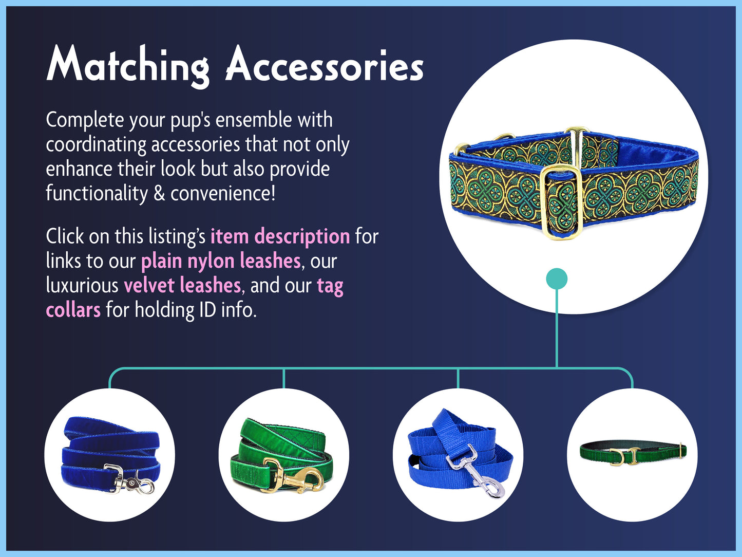 Matching Accessories for the 1.5 Inch Wide Blue, Green Blarney Dog Collar by The Hound Haberdashery