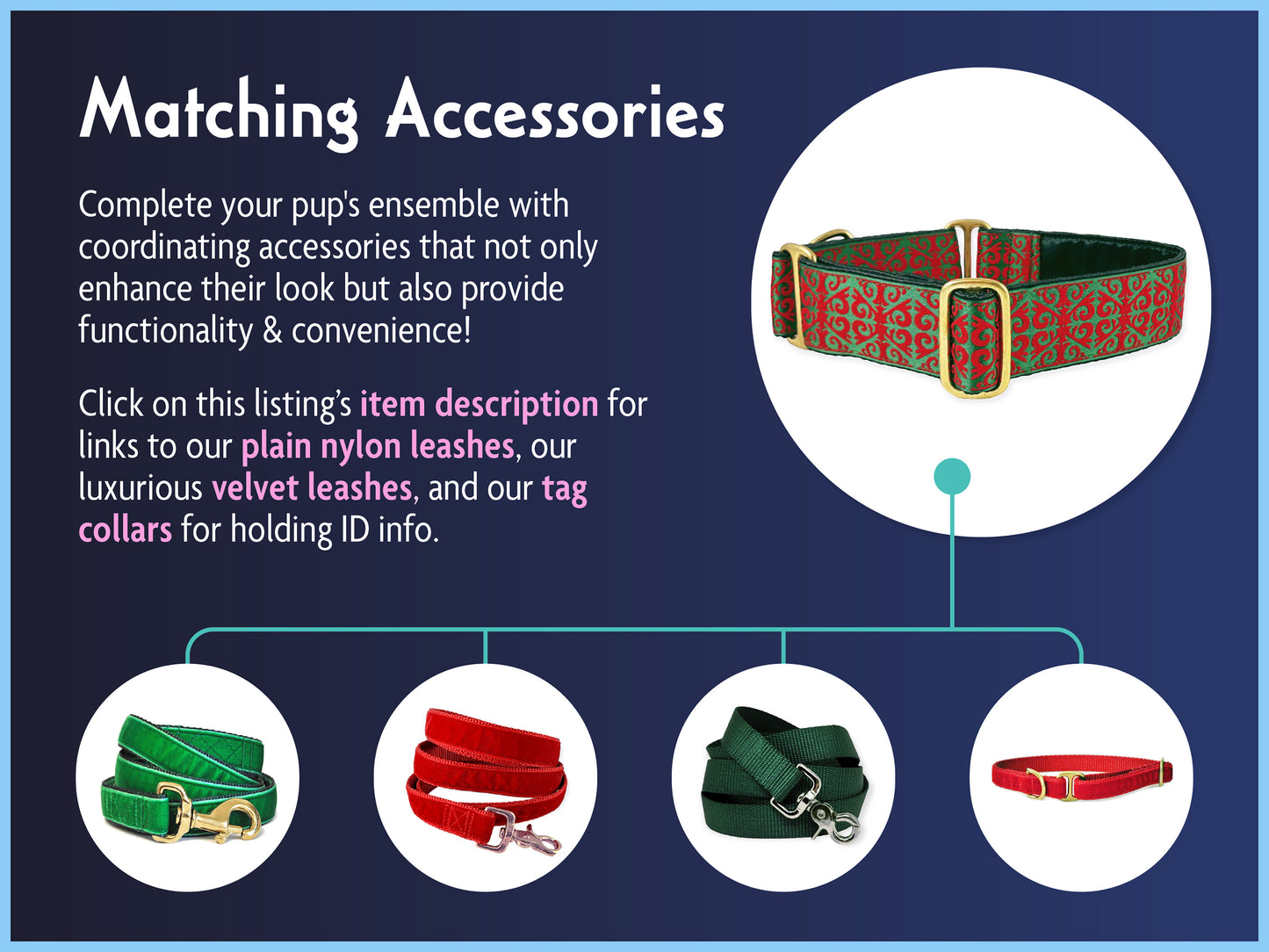 Matching Accessories for the 1.5 Inch Wide Christmas Noel Dog Collar by The Hound Haberdashery