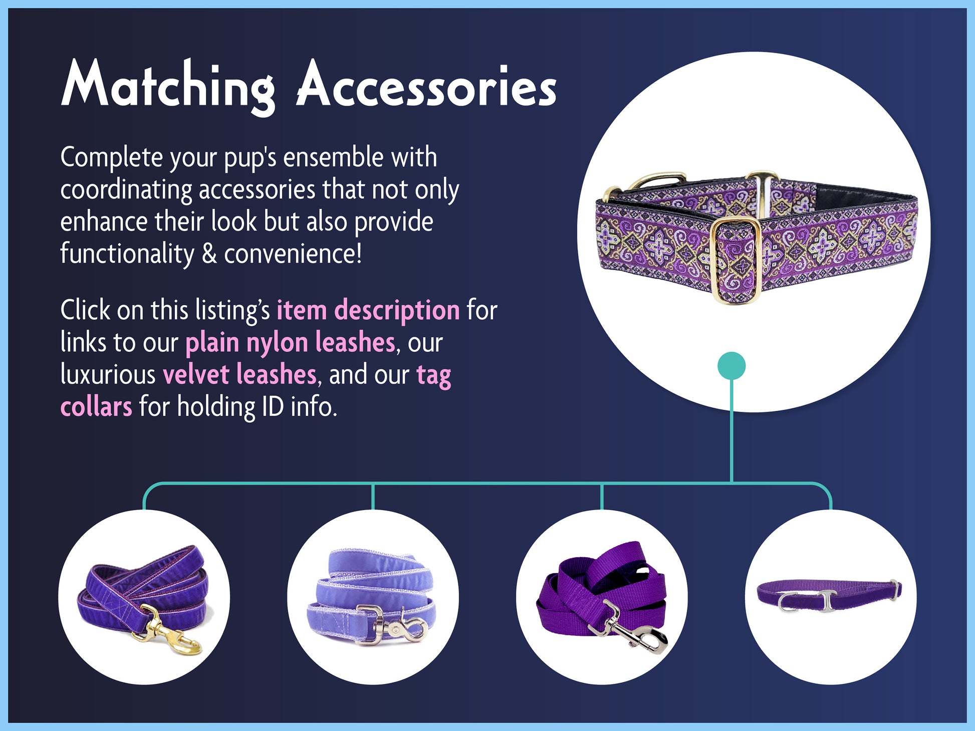 Matching Accessories for the 1.5 Inch Wide Purple, Gold Nobility Dog Collar by The Hound Haberdashery
